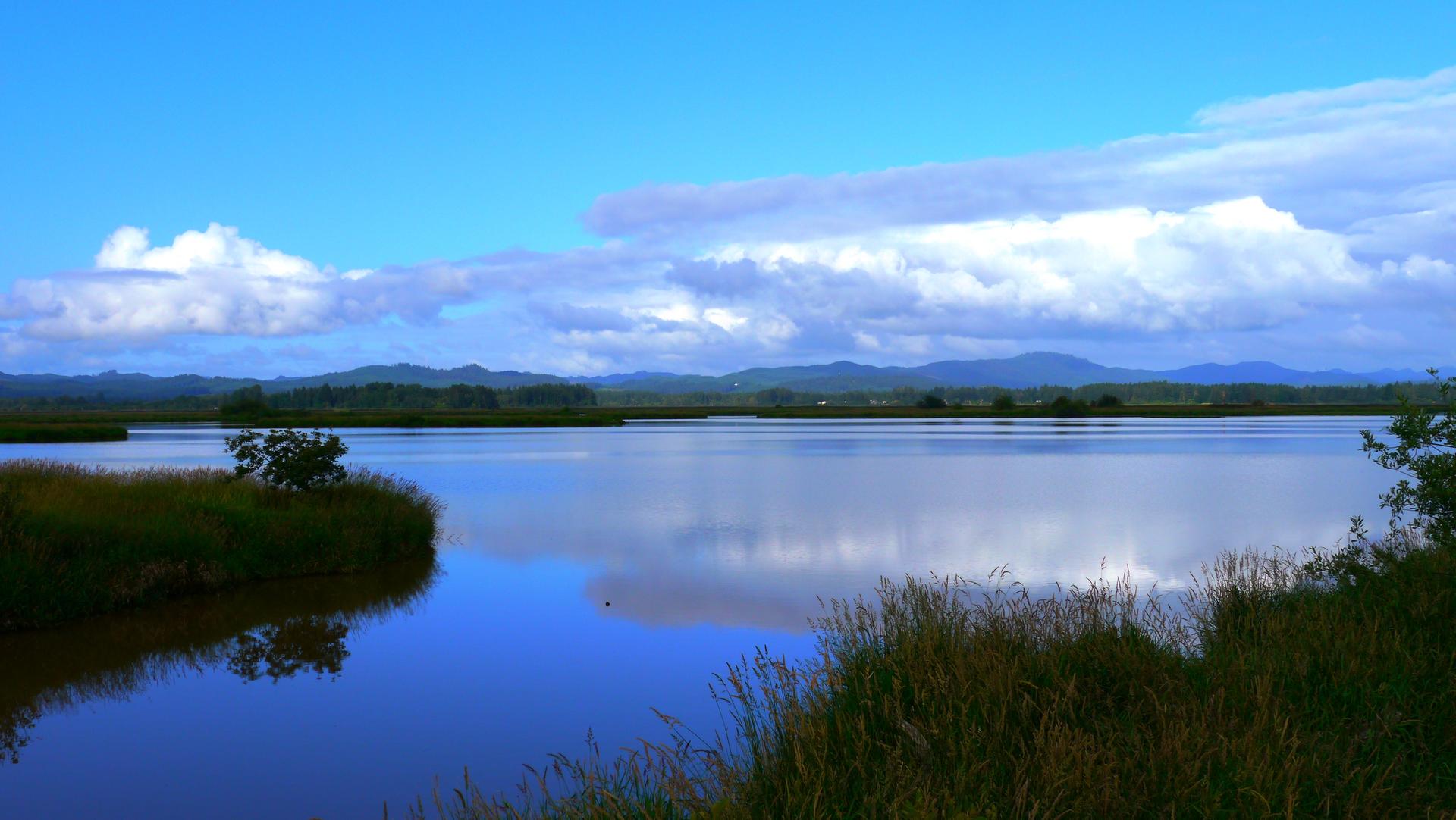 Calm water reflects a cloudy blue sky, with green banks and distant hills.