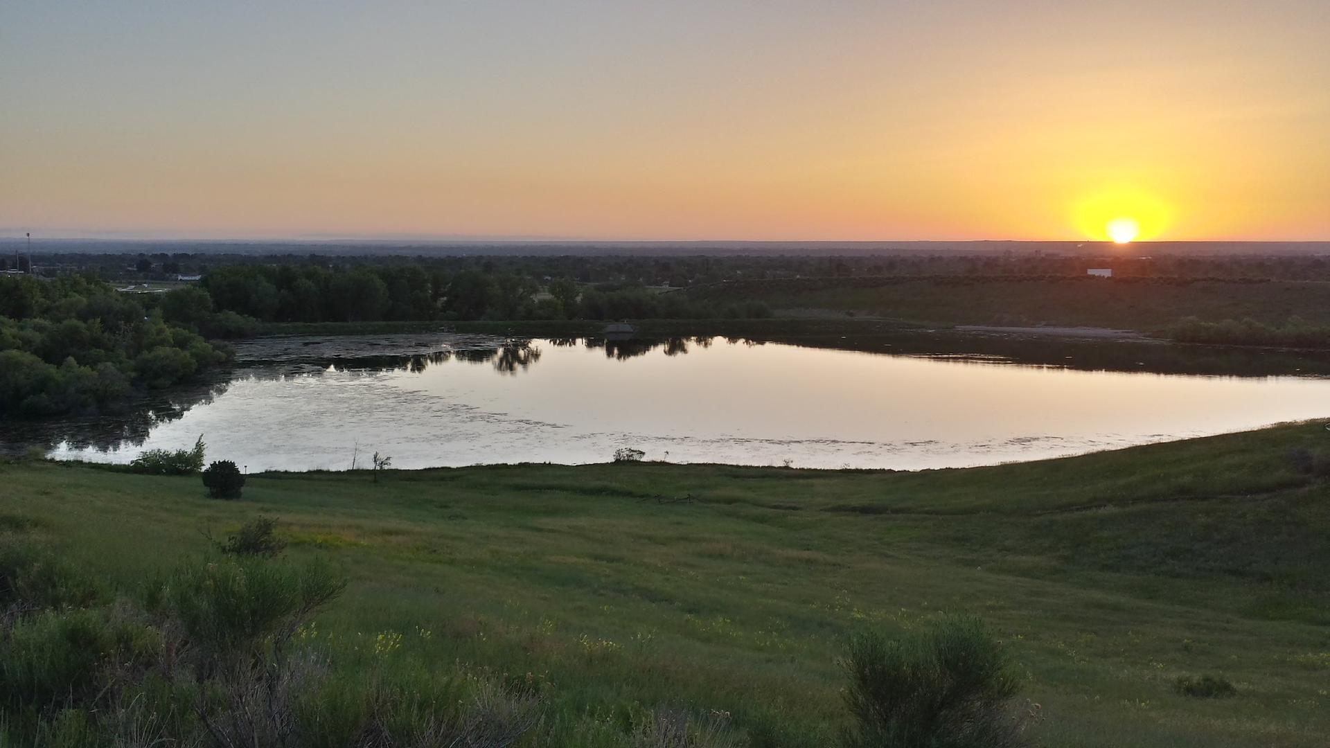 A serene lake reflects the golden light of a sunset over distant trees.
