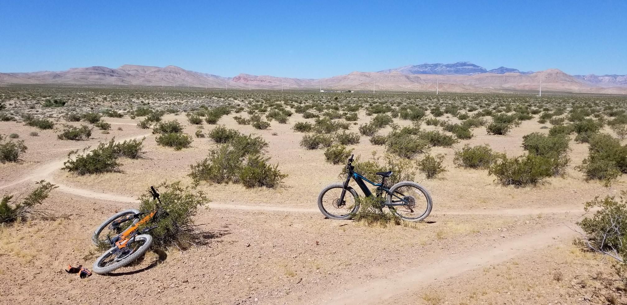 Two mountain bikes on dirt trails in a vast sunny desert landscape. - Juicy Fruit – Kitsune marker loop from Olympia Sports Park