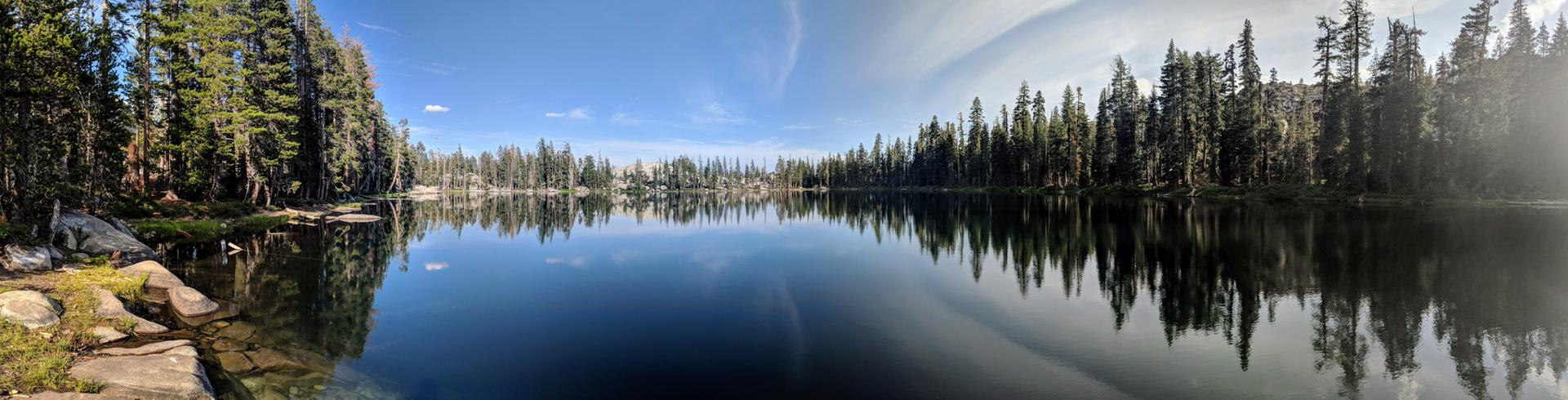 Calm lake reflecting a dense pine forest and blue sky on a bright day.
