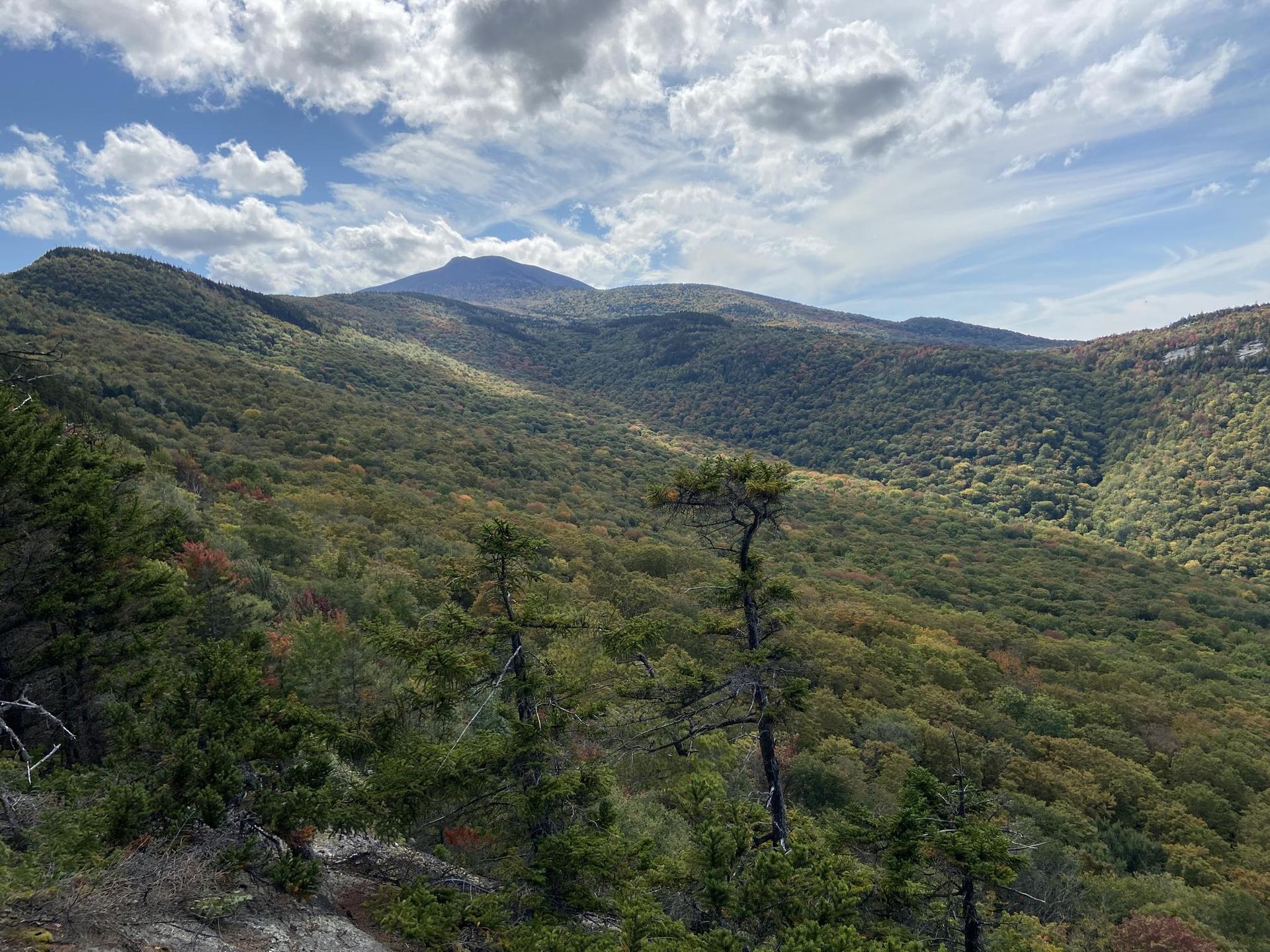 Expansive view of green forested mountains under a partly cloudy sky.