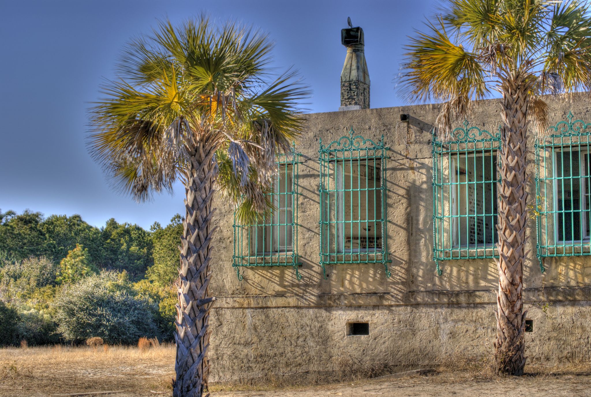 Two palm trees frame an old building with ornate window bars. - Huntington Beach State Park Loop