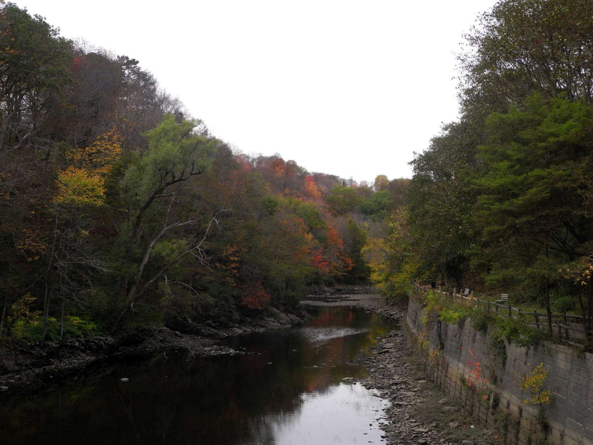 Dark river flows between steep banks with colorful autumn trees and a stone wall.