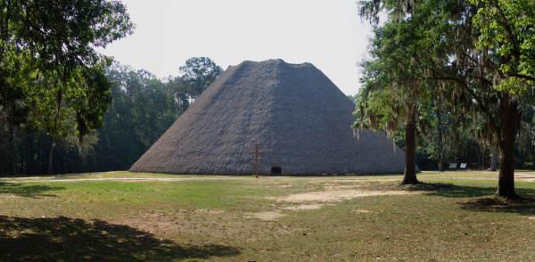 Conical thatched mound in a sunny, grassy clearing with trees.