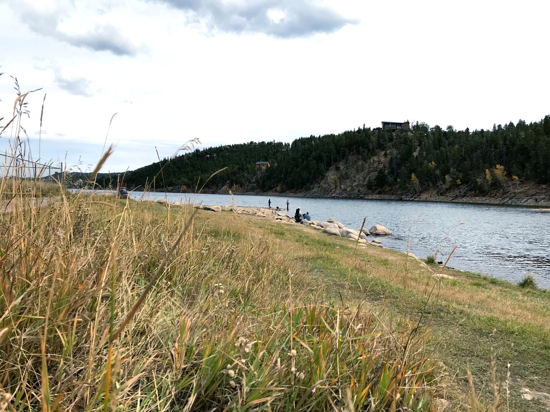 Grassy shore by a lake with people fishing, forested hills under cloudy sky.