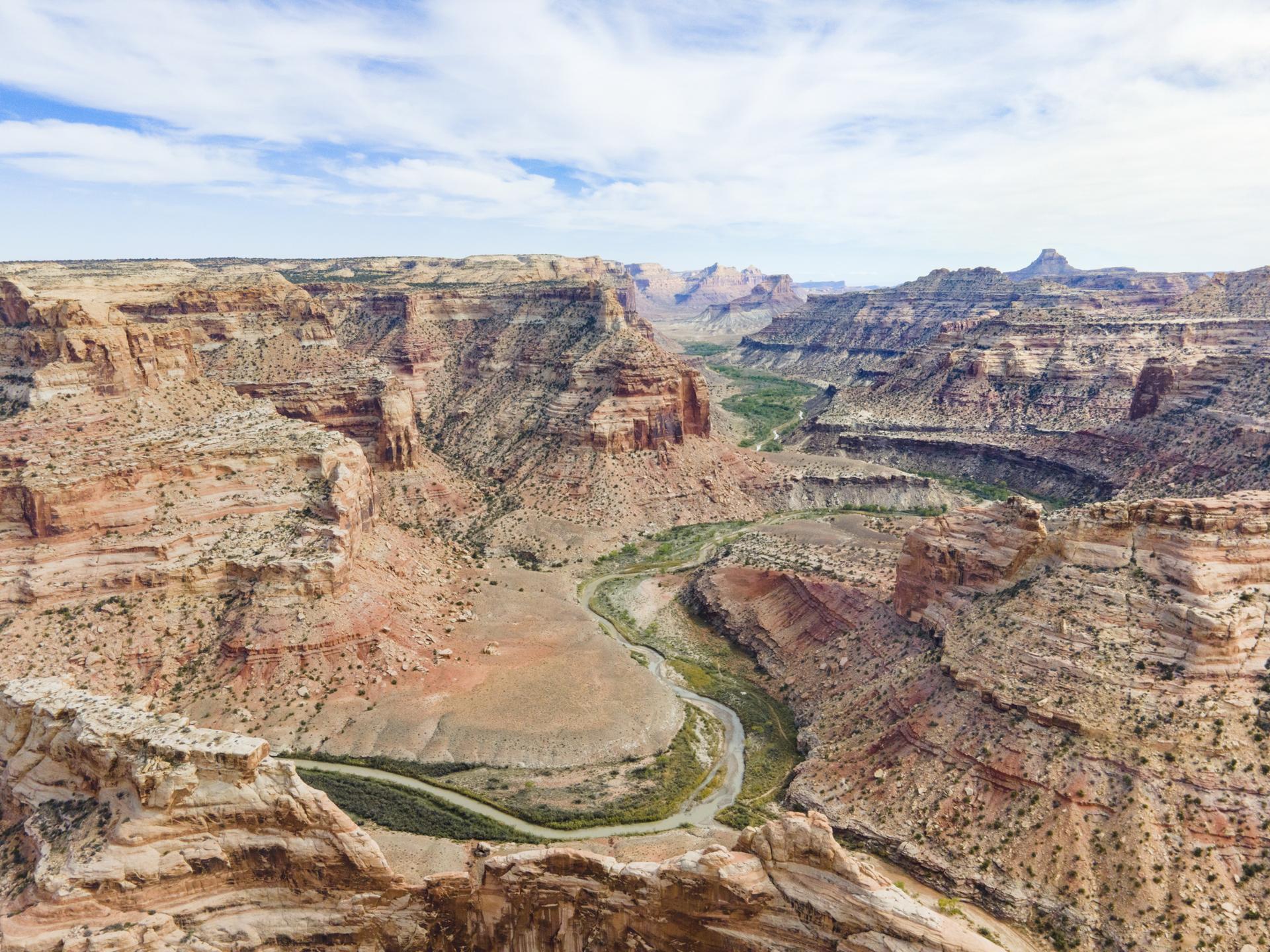 Vast arid canyon with a winding green river under a cloudy sky.