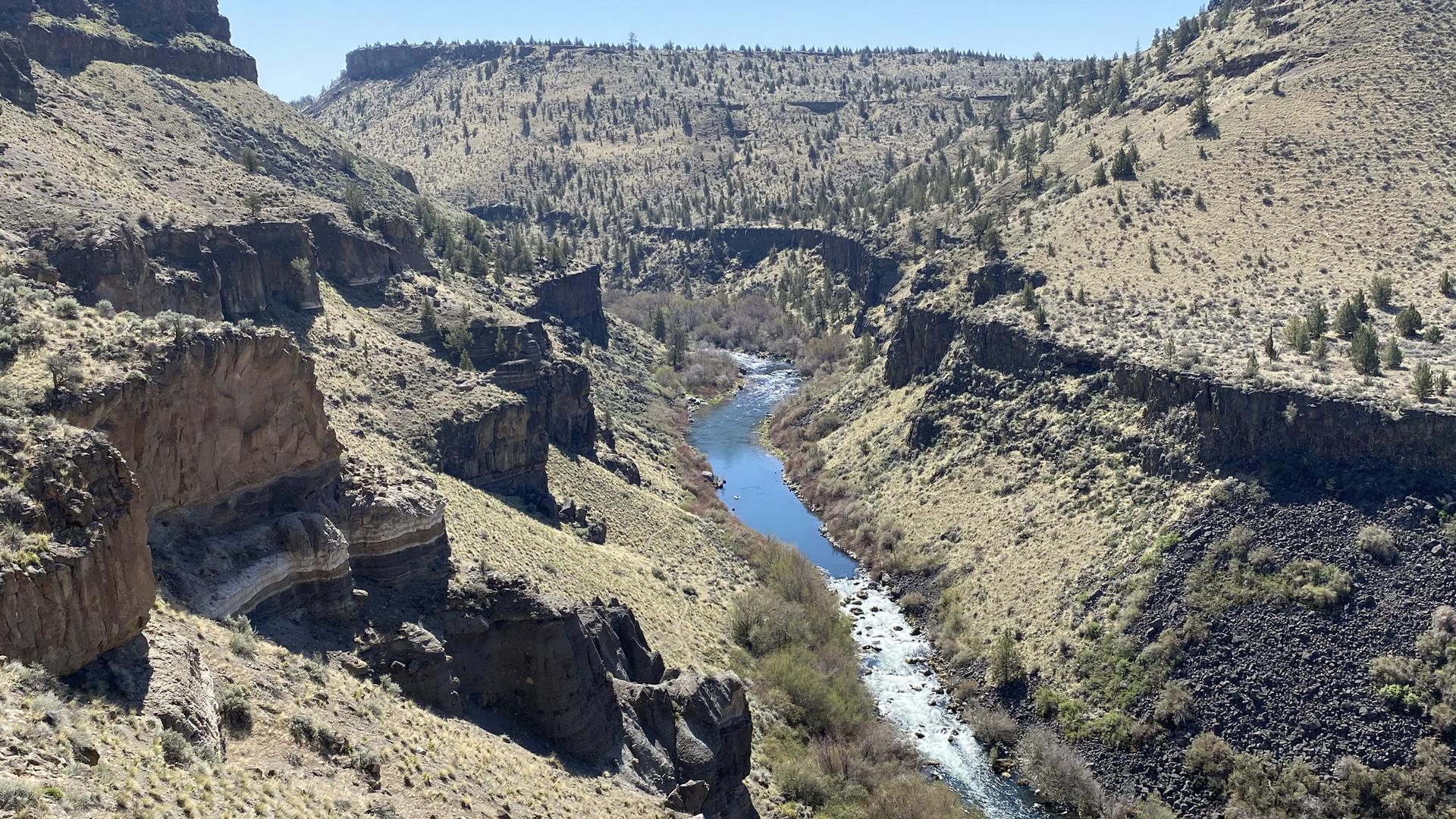 A bright river flows through a deep, rocky canyon under a clear sky.