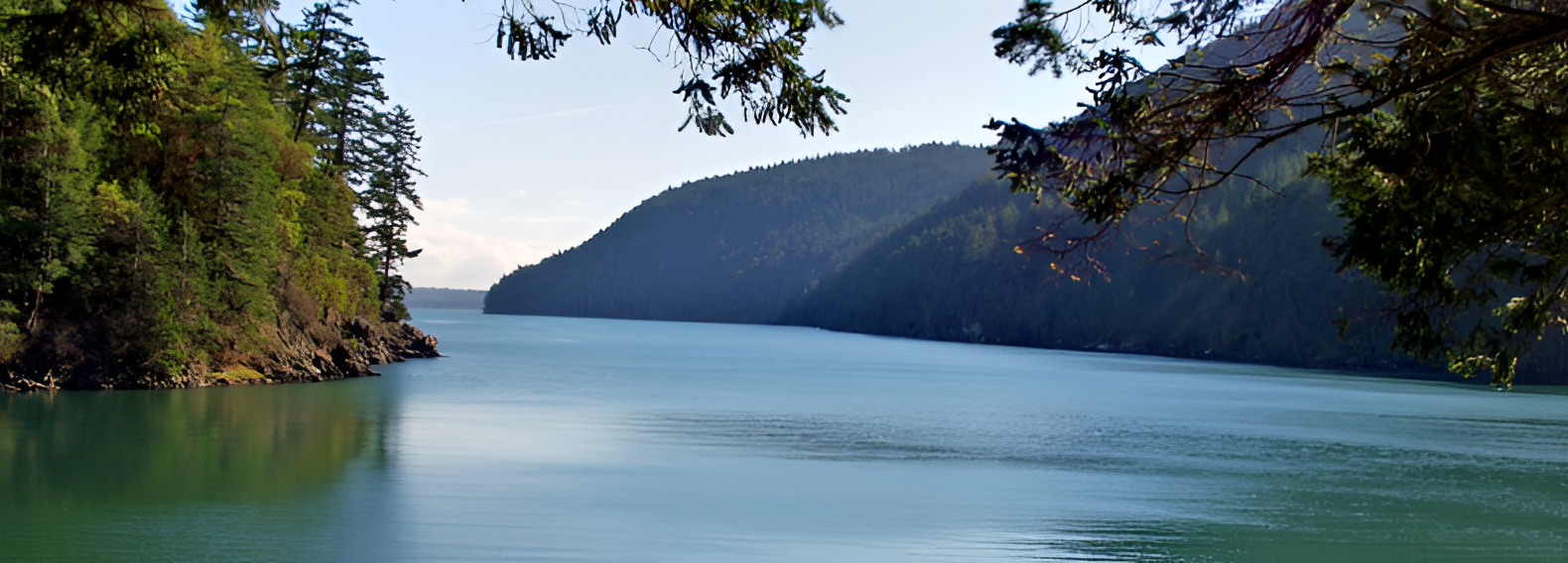 Calm green water surrounded by steep, sunlit forested hills under a clear sky.