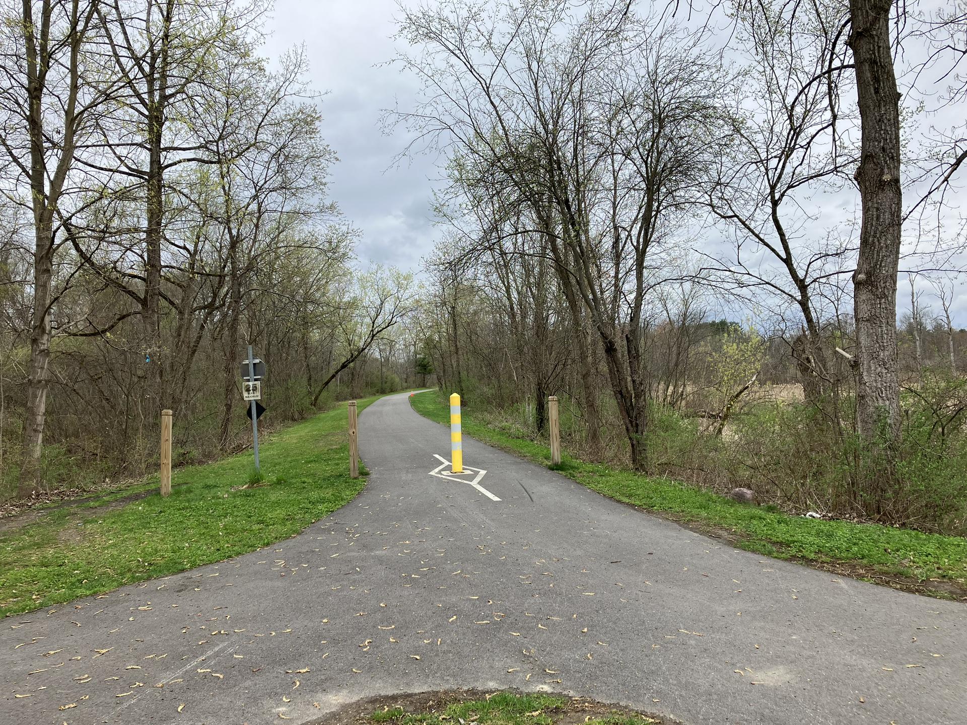 Paved trail entrance with yellow bollards, surrounded by trees and grass.