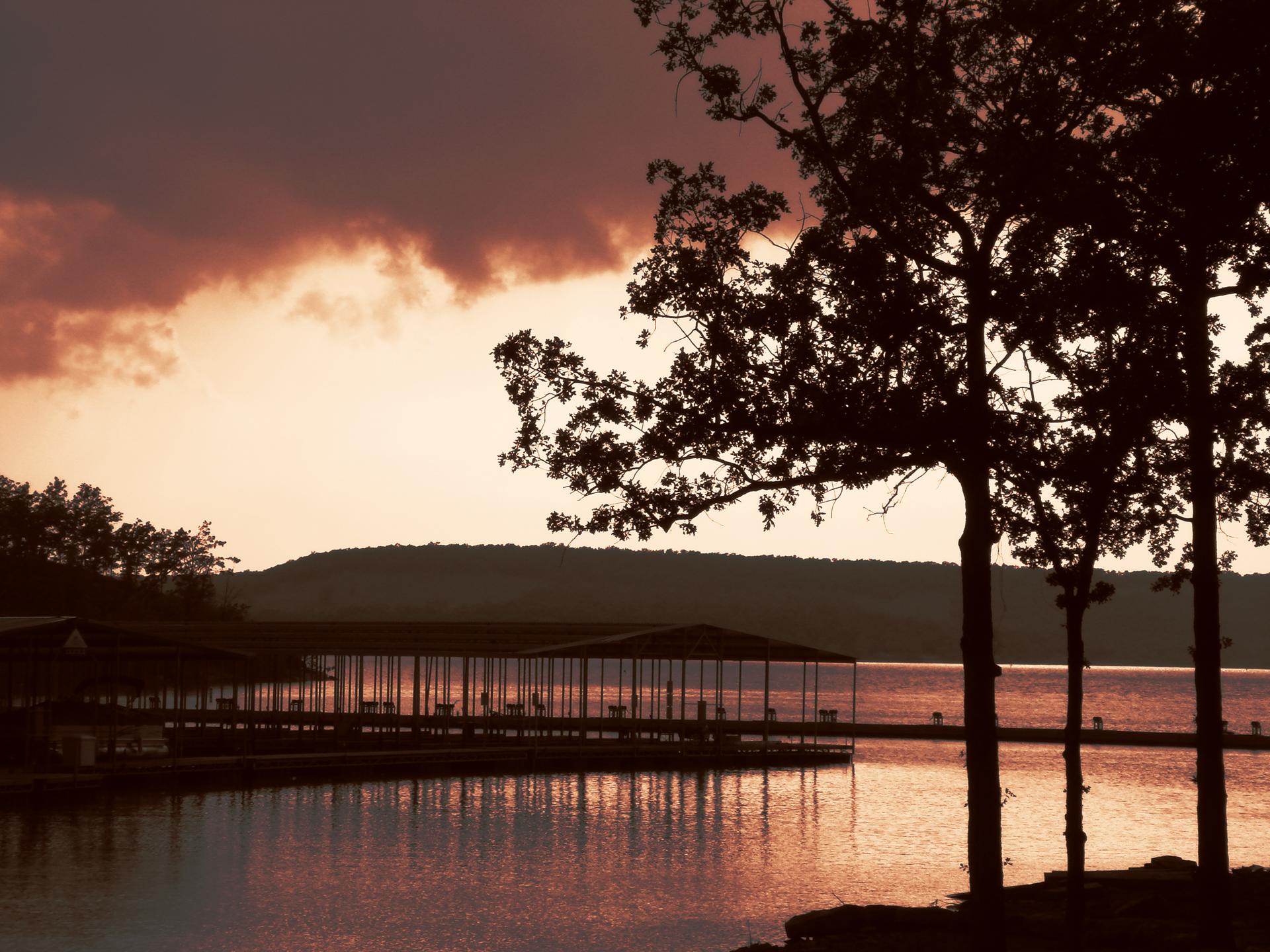 Silhouetted trees and boat docks on a lake at dramatic sunset.