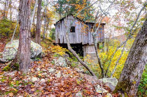 Dilapidated wooden structure nestled in an autumn forest with fallen leaves.