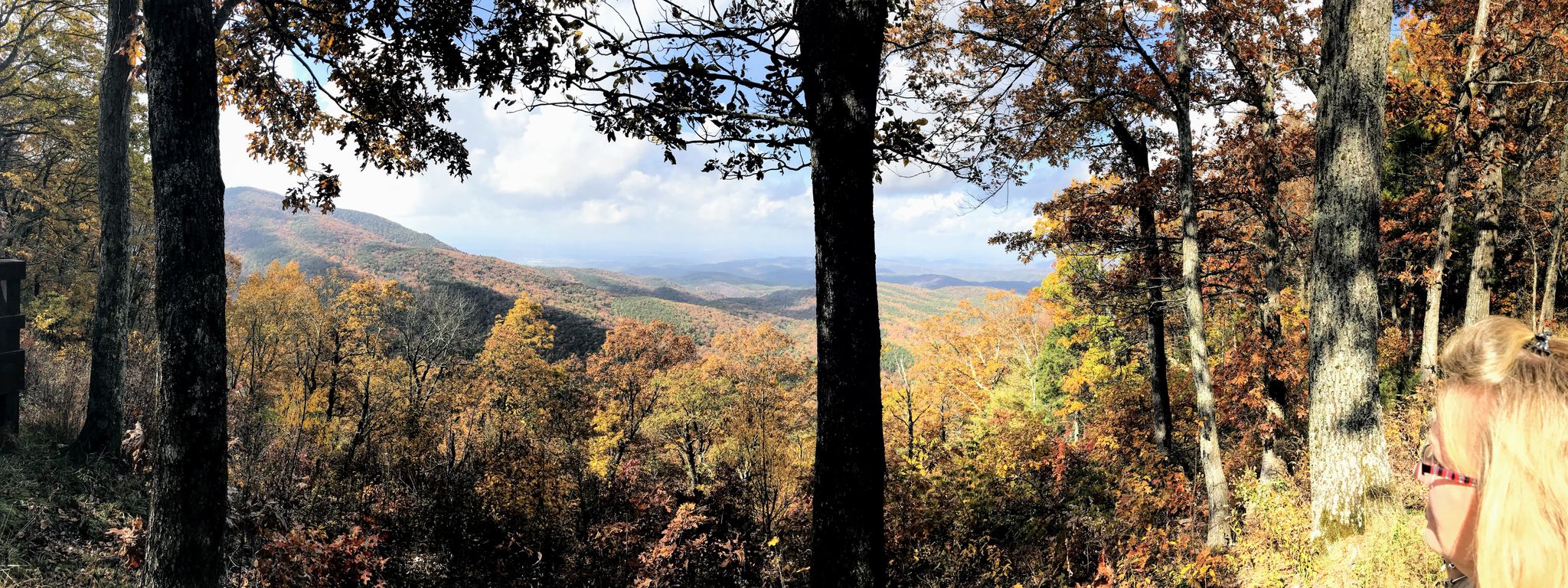Person views vast autumn mountain landscape with colorful trees under a bright sky. - West Cowpen and Sumac Creek Loop