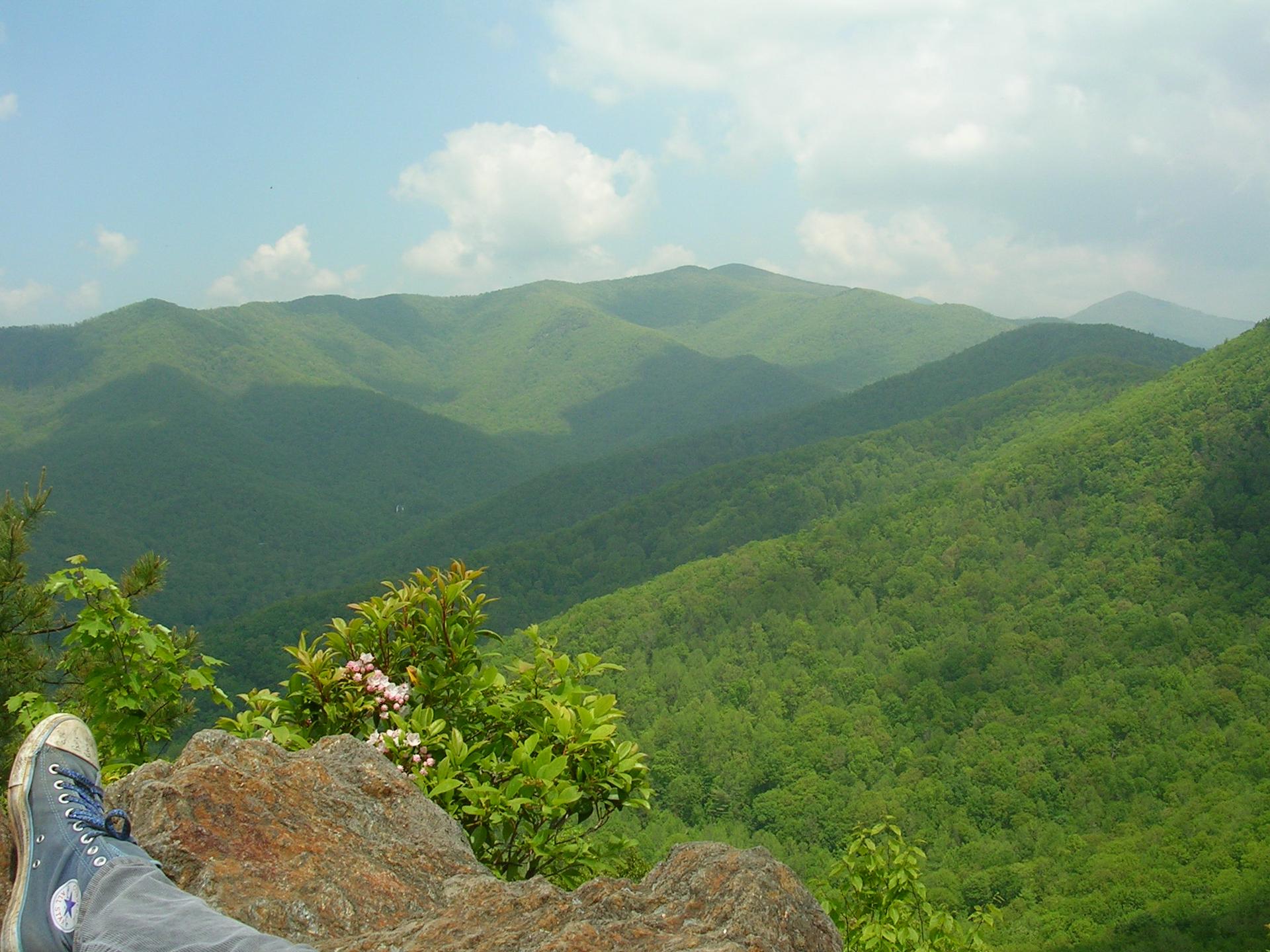 Foot in blue shoe on rock, overlooking green mountains under bright sky.