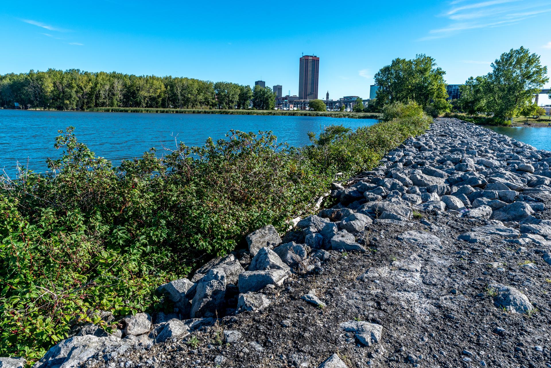 Sunny view of a rocky path beside blue water and distant city.