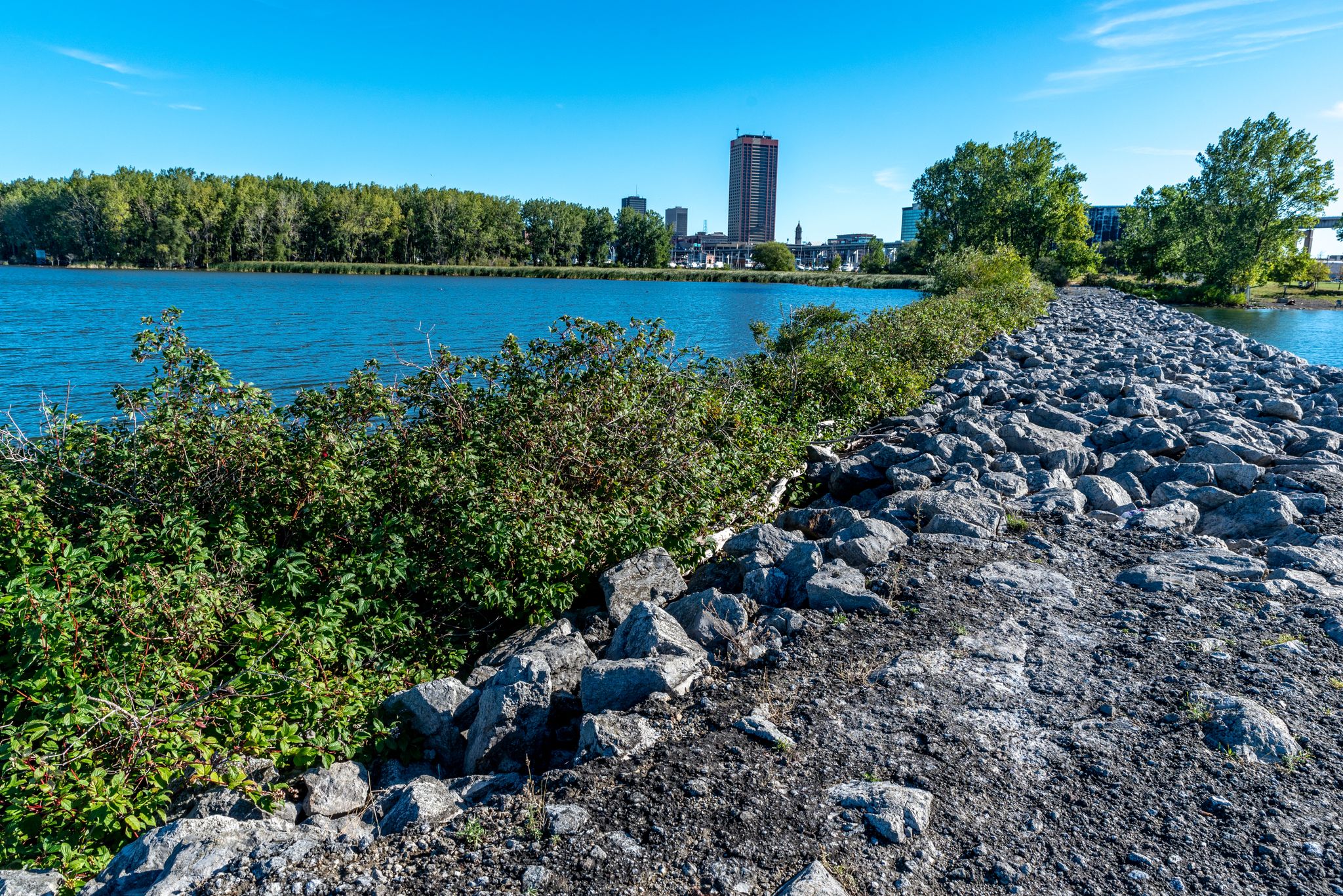 Sunny view of a rocky path beside blue water and distant city. - Times Beach Nature Preserve loop