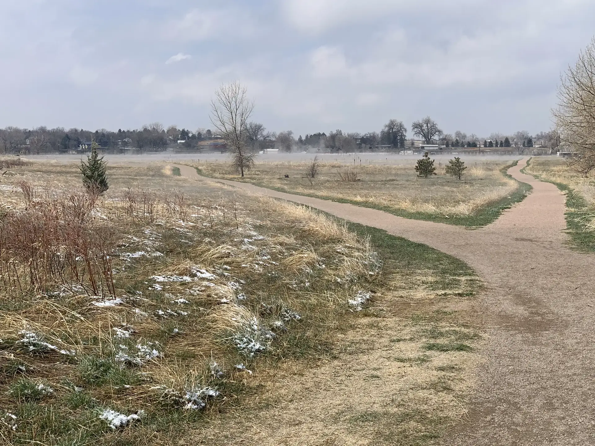 Dirt paths wind through a frosty, sparse field under an overcast sky.