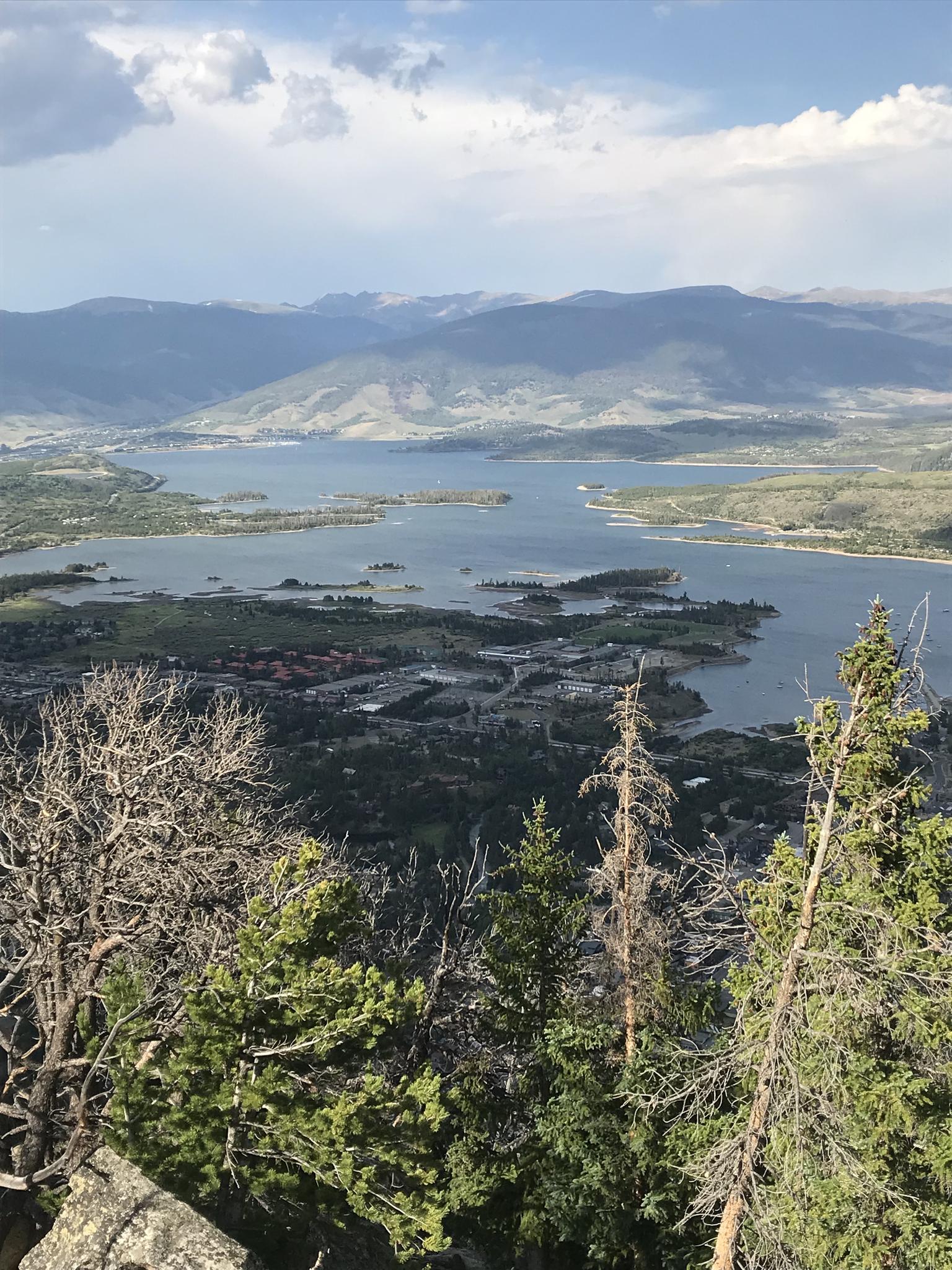 Overlook of a large lake and distant mountains through evergreen trees.