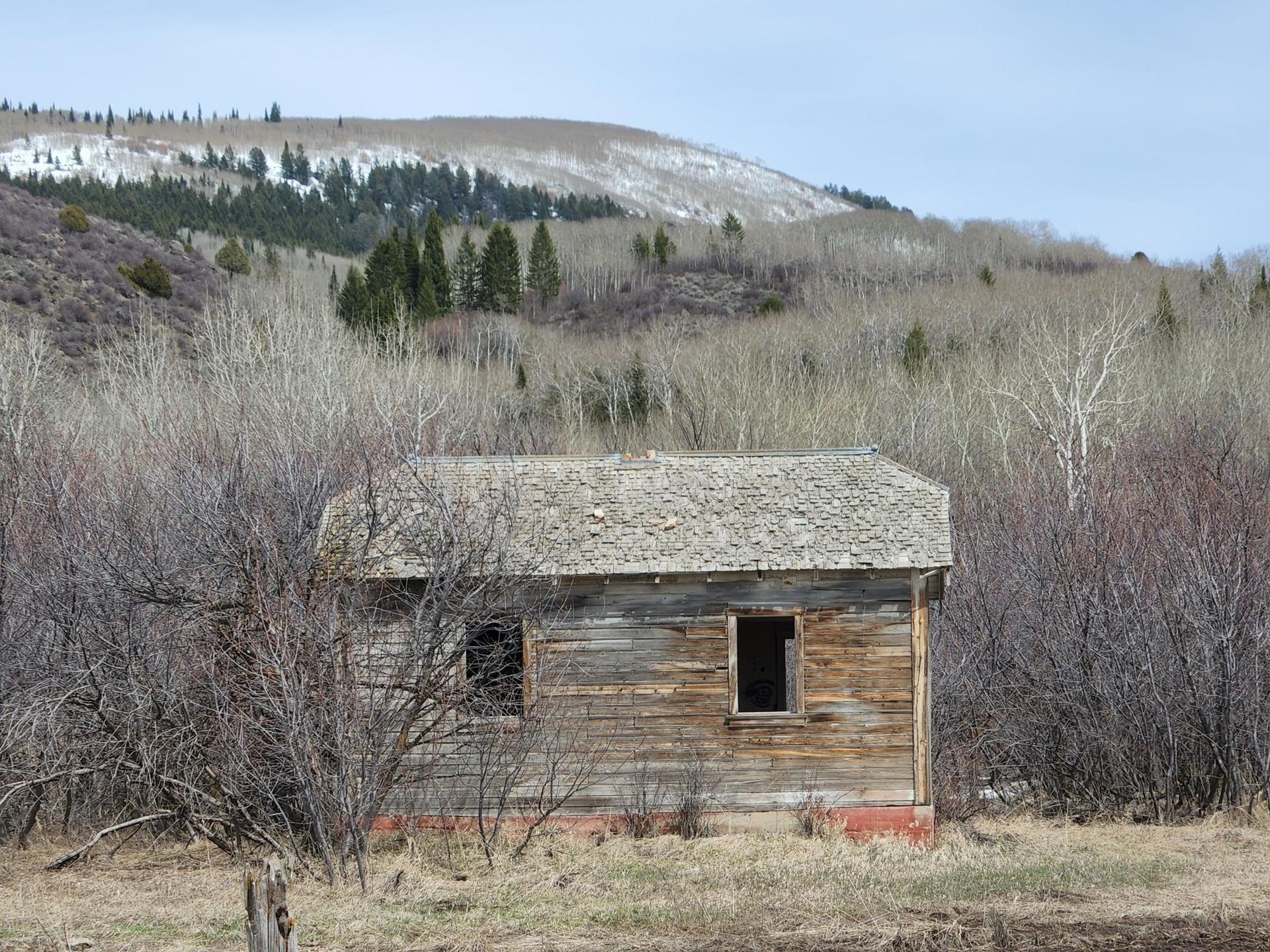 An old wooden cabin in a field with bare trees and snowy hills.