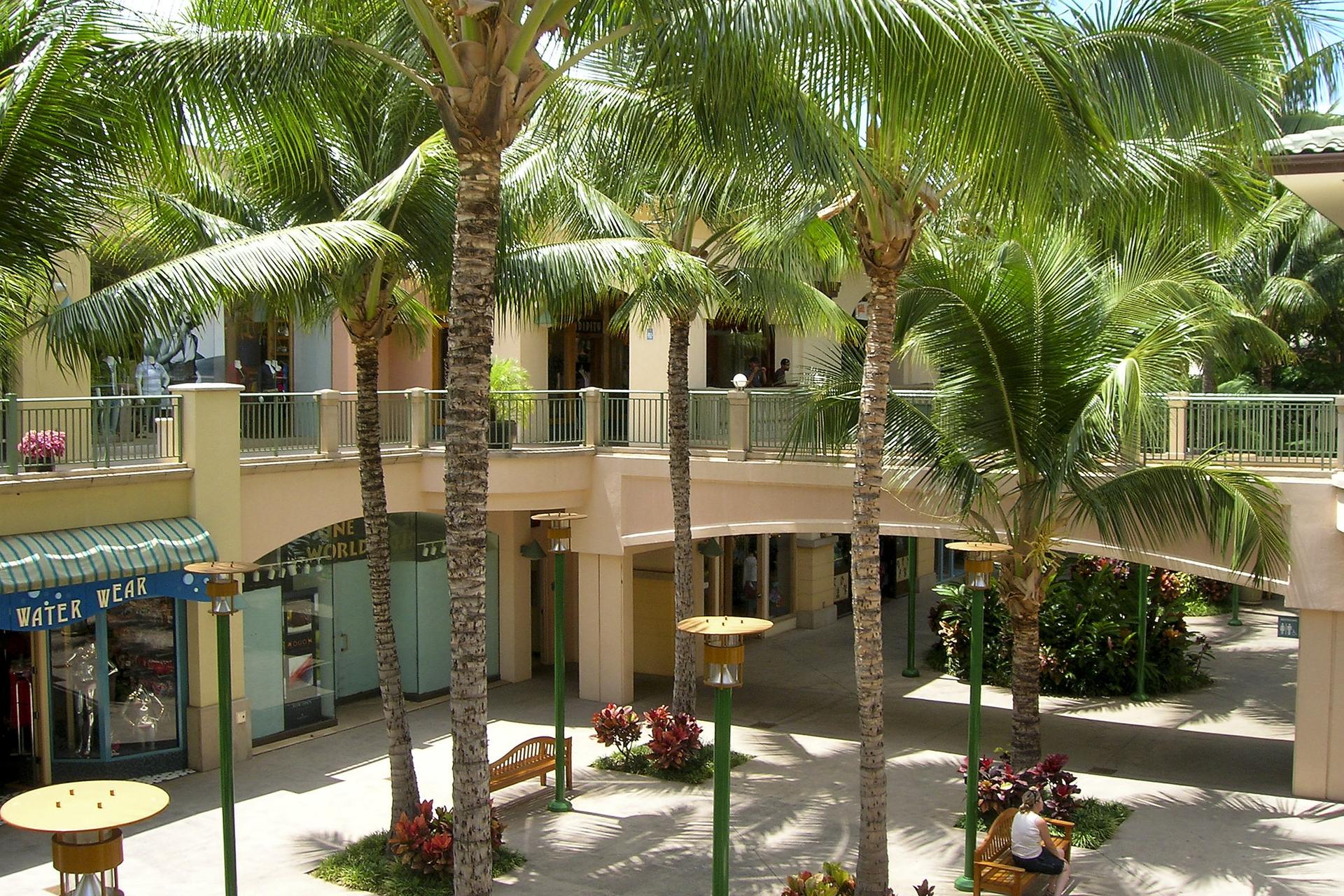 Sunny outdoor shopping area with tall palm trees and a few people.