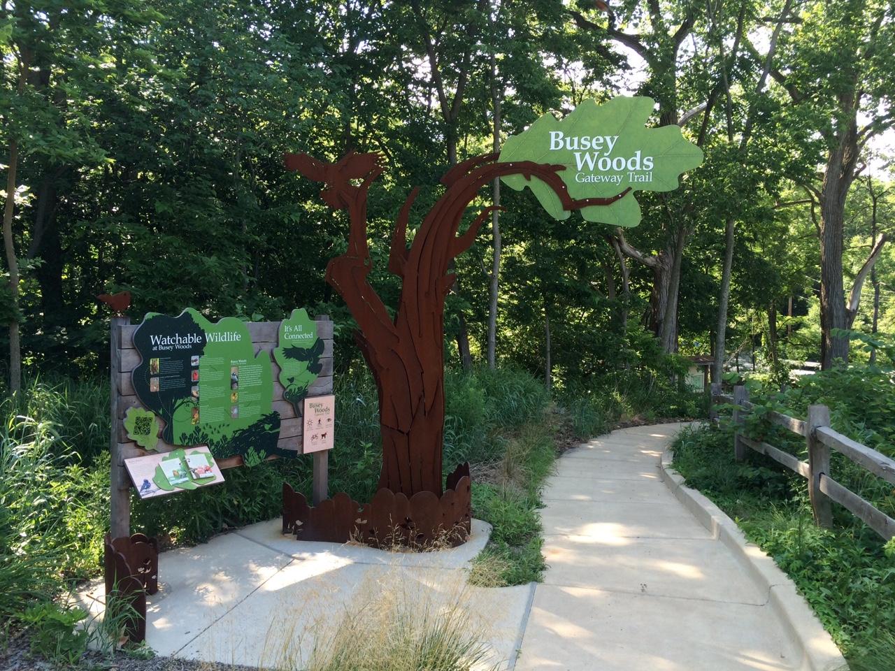 Paved trail entrance with informational signs and a tree sculpture in sunny woods.