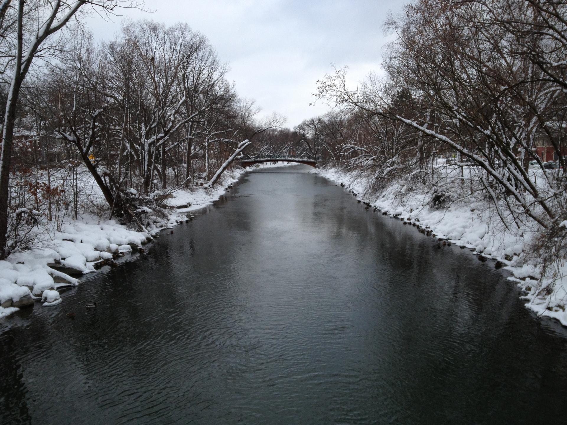 Snowy river flowing between snow-covered banks and bare trees, distant bridge.