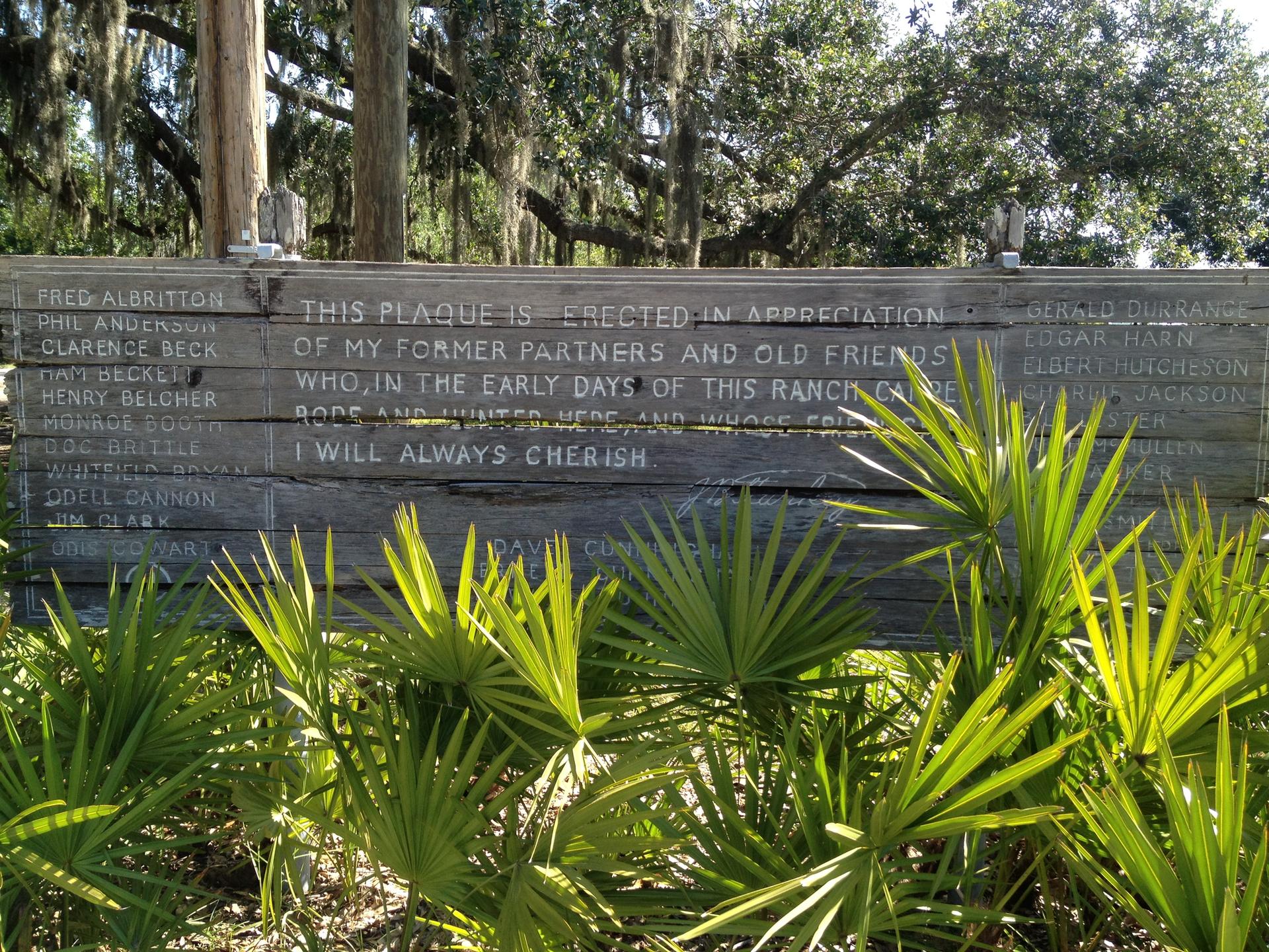 A wooden plaque with engraved text, surrounded by green palm plants under bright daylight.