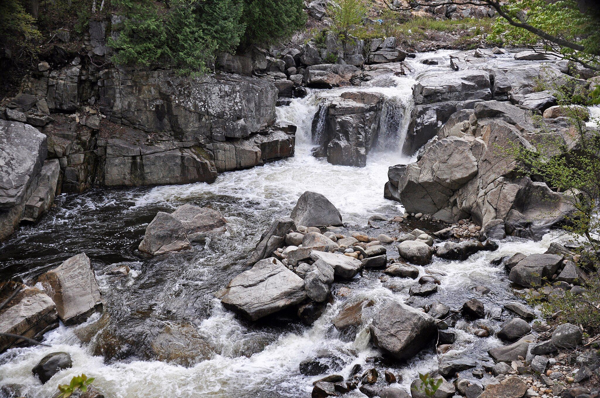 A rocky river flows over a small waterfall surrounded by green trees. - Flume Falls loop from River Parking Lot