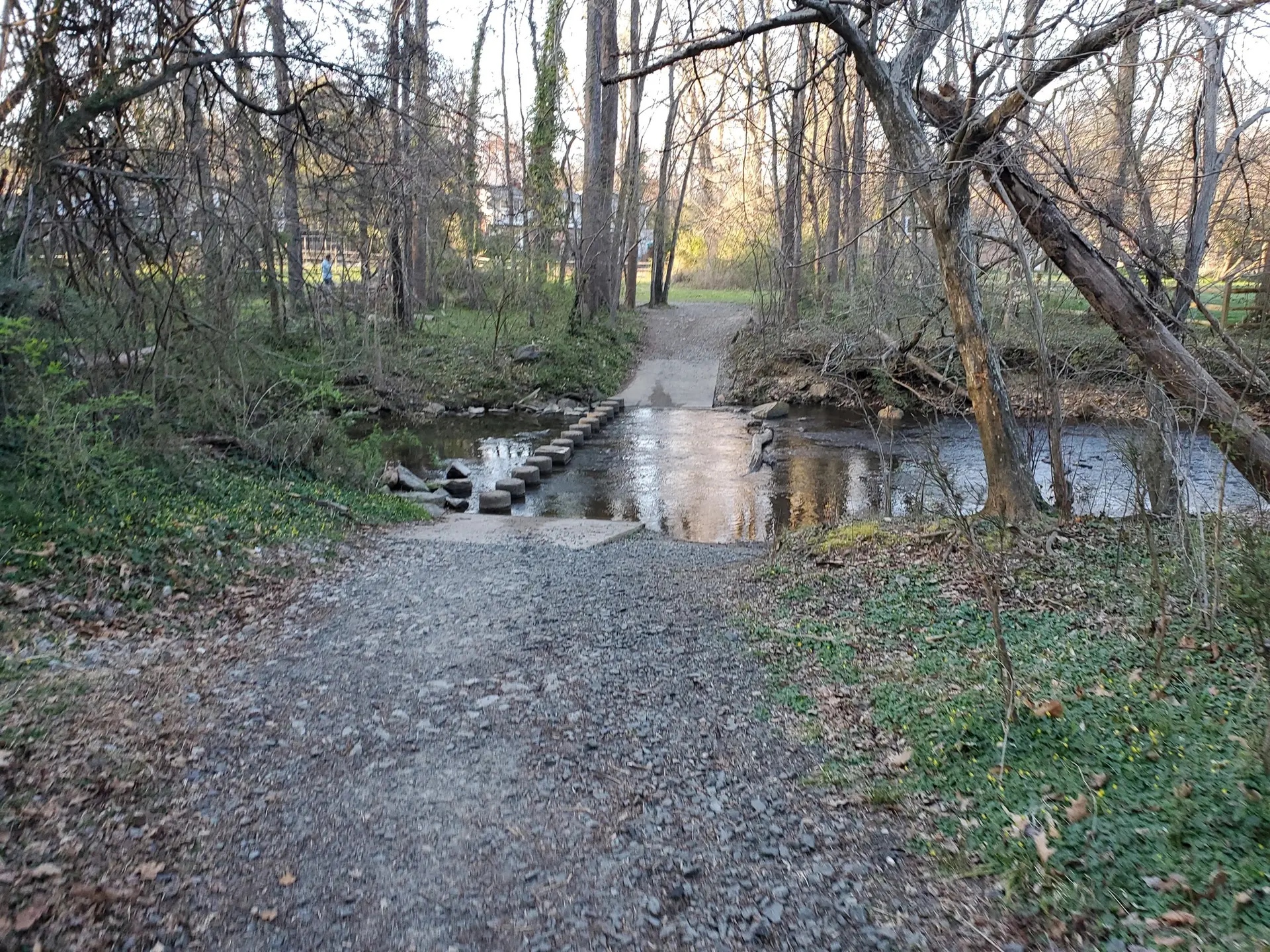 Gravel path approaches stepping stones crossing a stream in a bare forest.