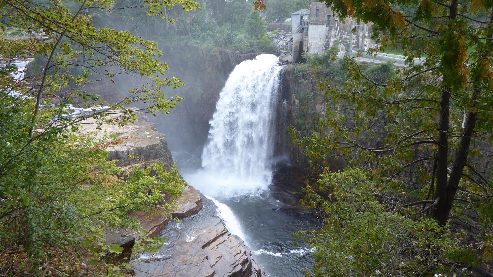 Powerful waterfall cascading into a river surrounded by green foliage.