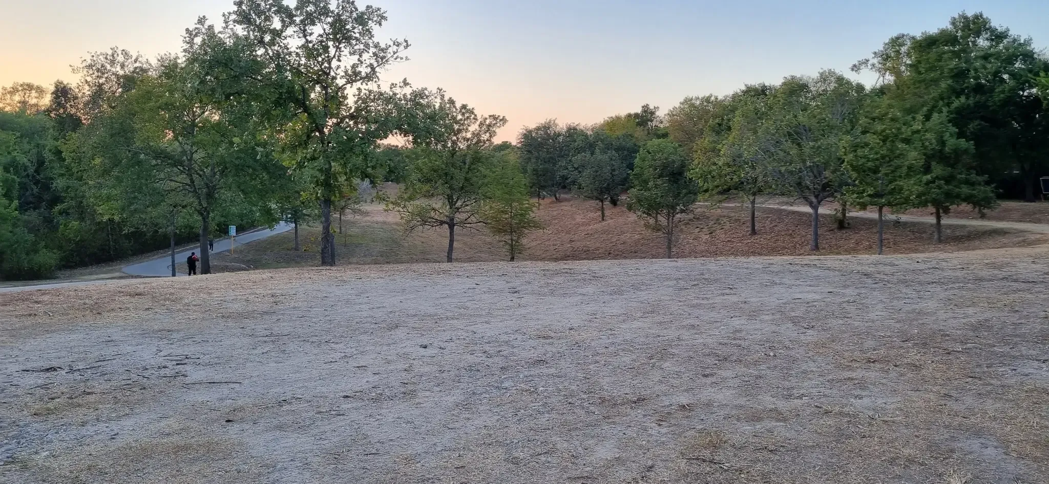 Dry grassy field with scattered trees and two people walking at dusk. - Quail Trail