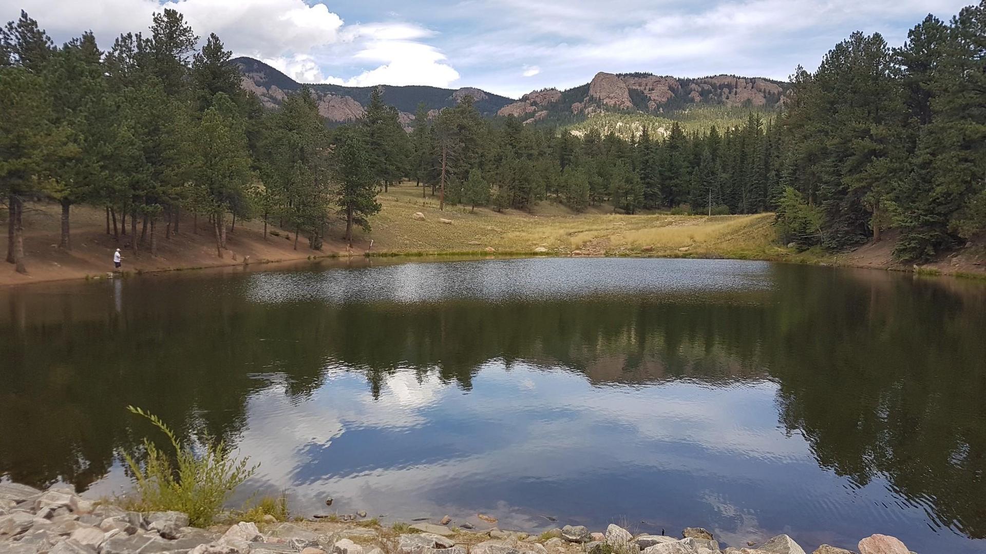 Serene lake reflecting clouds, surrounded by pine forests and rocky mountains, person fishing.