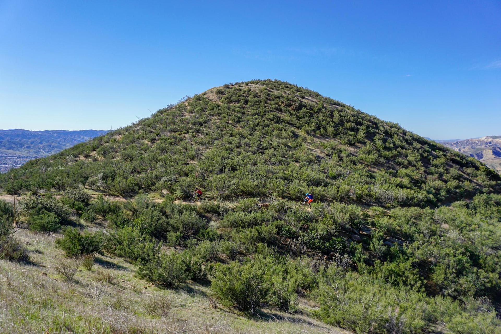 Two mountain bikers on a winding trail on a brush-covered hill under clear sky.