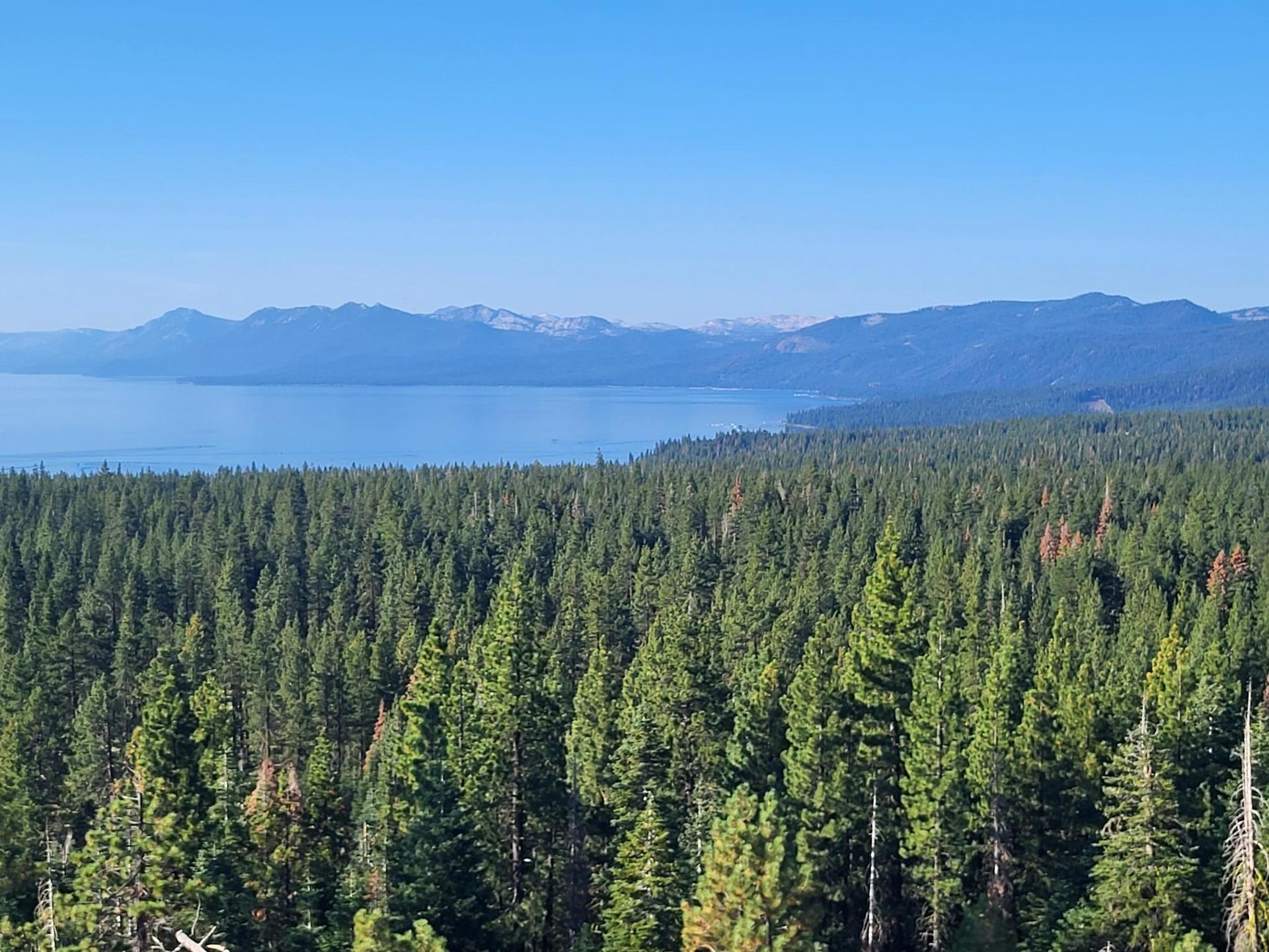 Expansive view of a large blue lake, dense forest, and distant mountains.