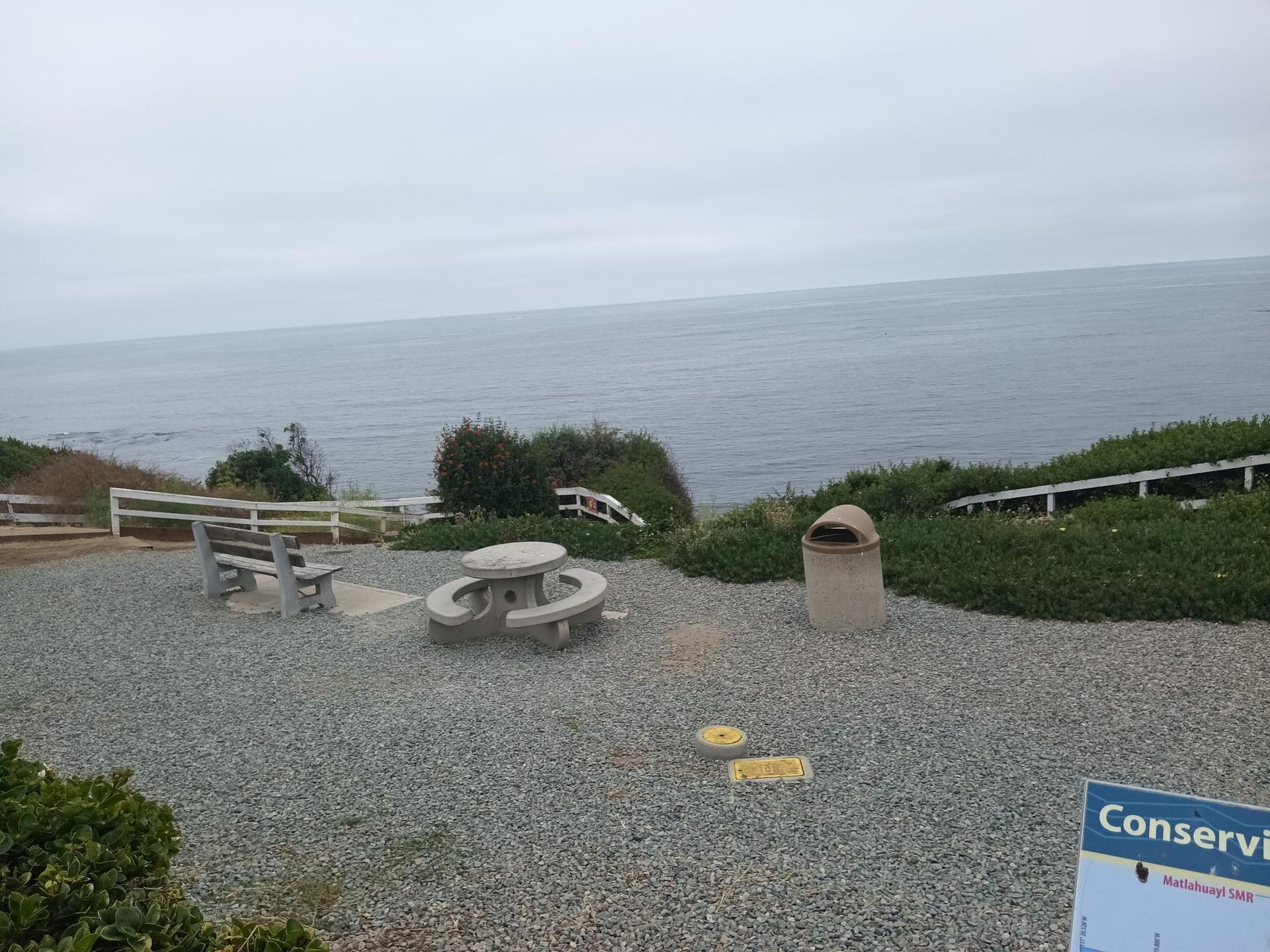 Overcast view of a picnic area overlooking a calm ocean.