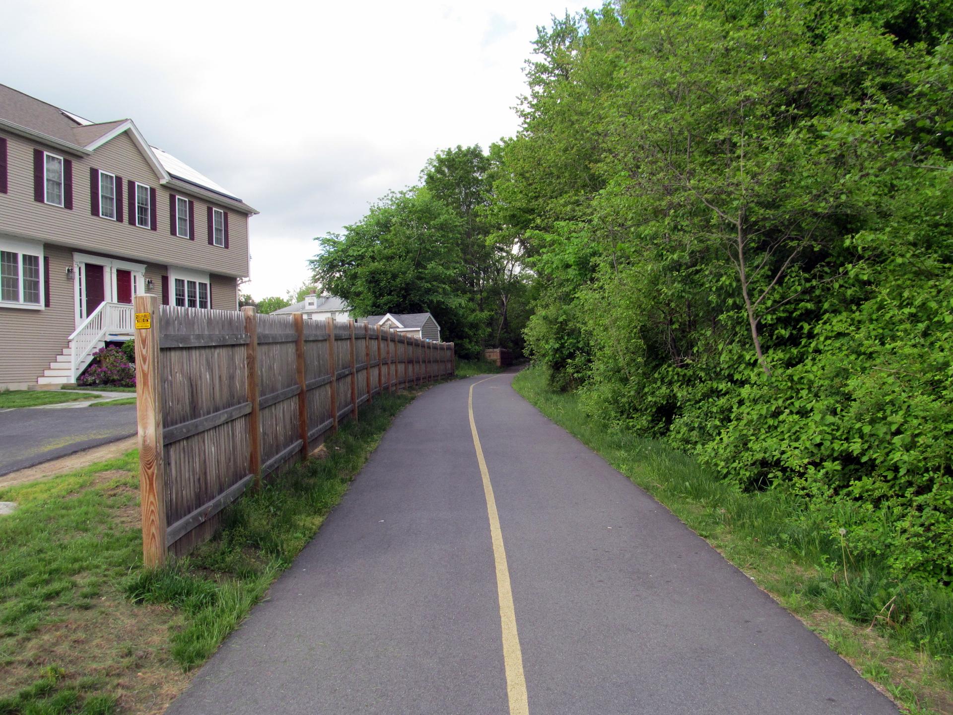 Paved path with yellow line, wooden fence, houses, and green trees.
