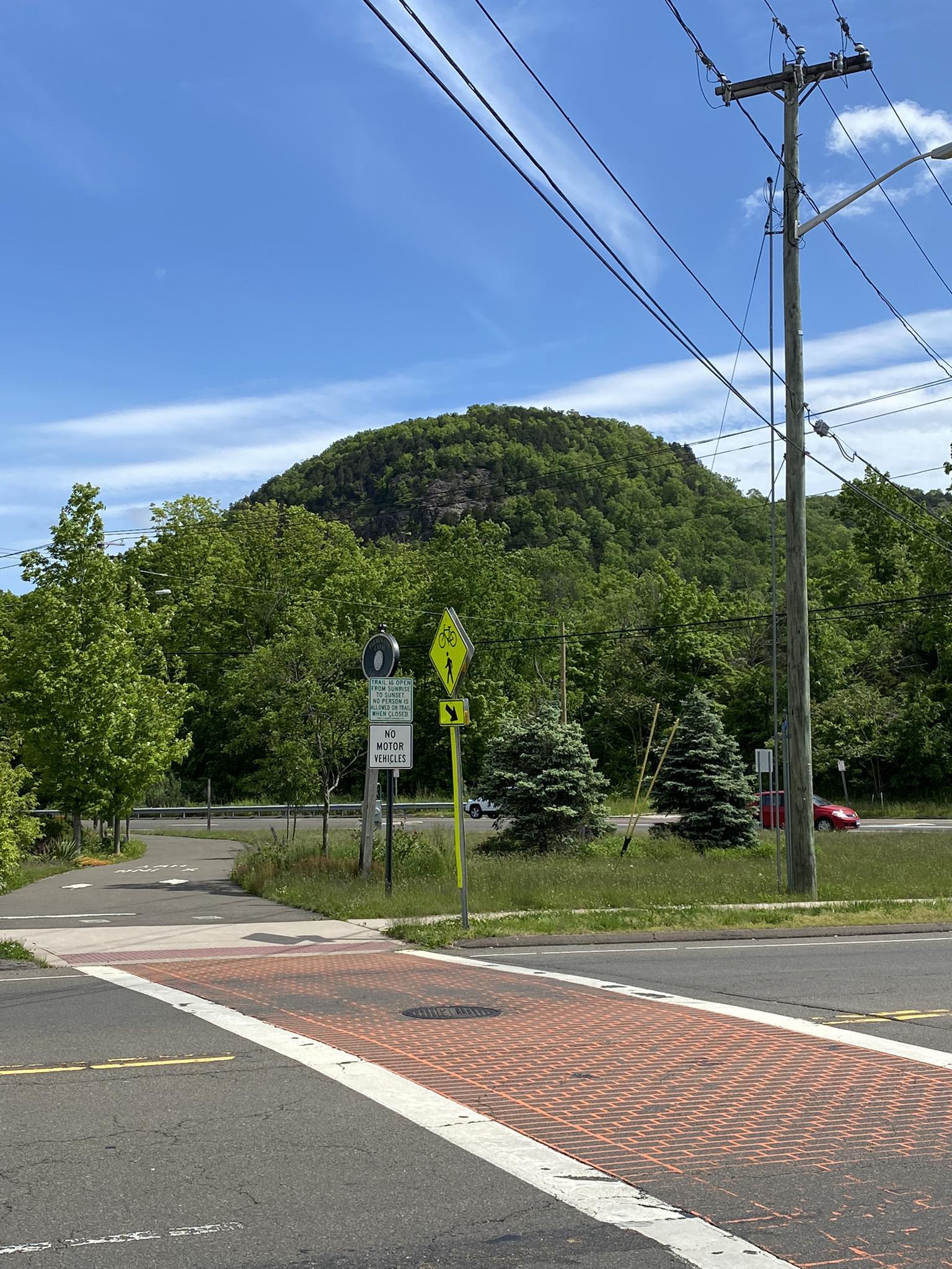 Paved intersection with crosswalk and utility pole, a green tree-covered hill beyond.