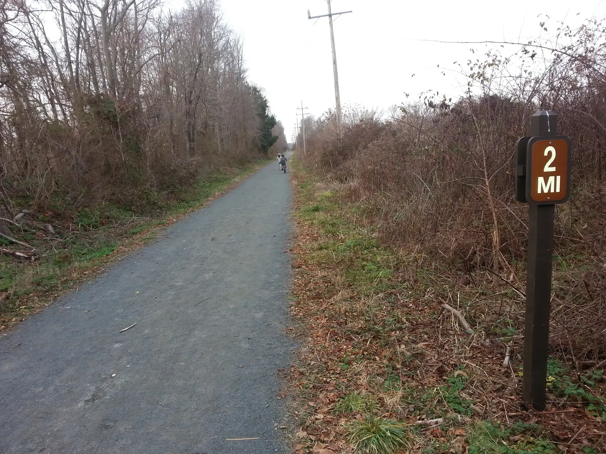 Paved path, bare trees, mile marker, distant cyclist under overcast sky. - Union Transportation Trail