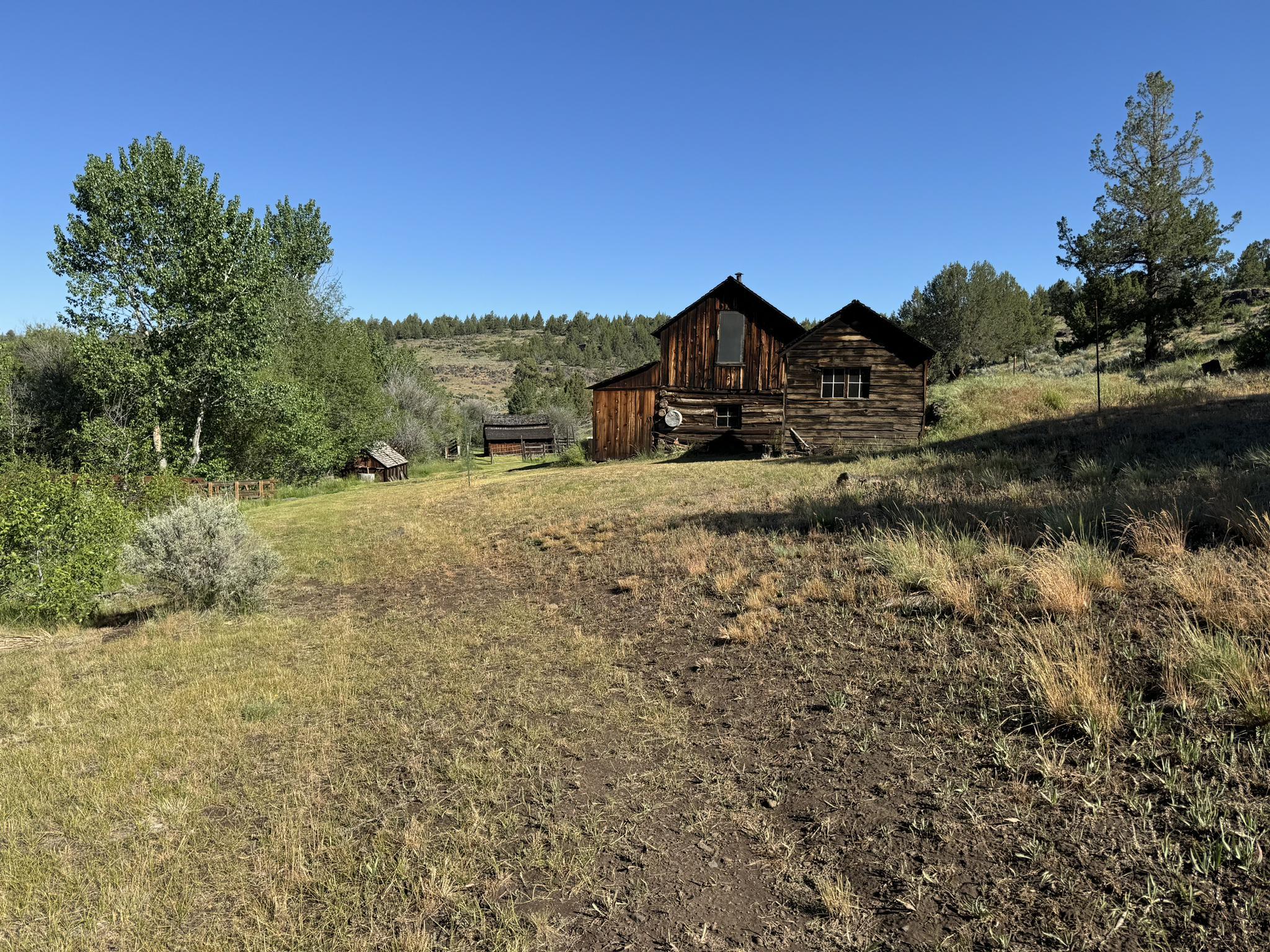 Weathered wooden building in a grassy field under a clear blue sky.