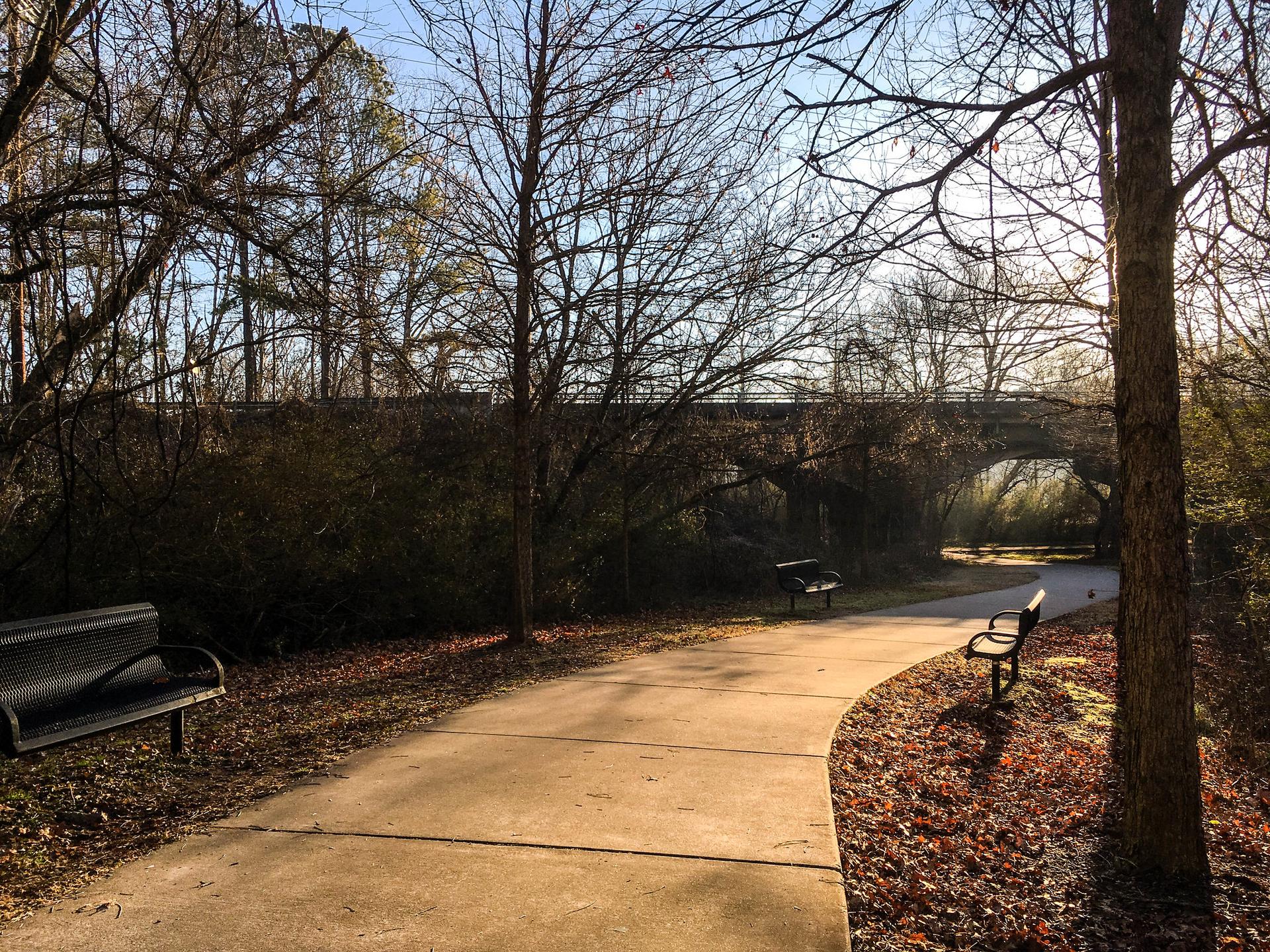 Sunny paved path with benches, leading under a stone bridge through bare trees.
