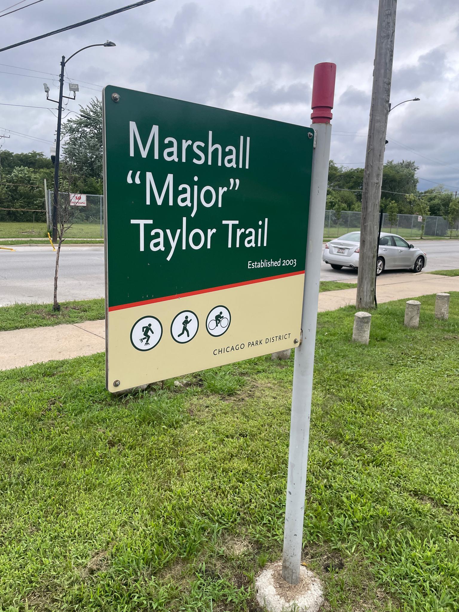 Green and beige trail sign on a grassy patch near a street.