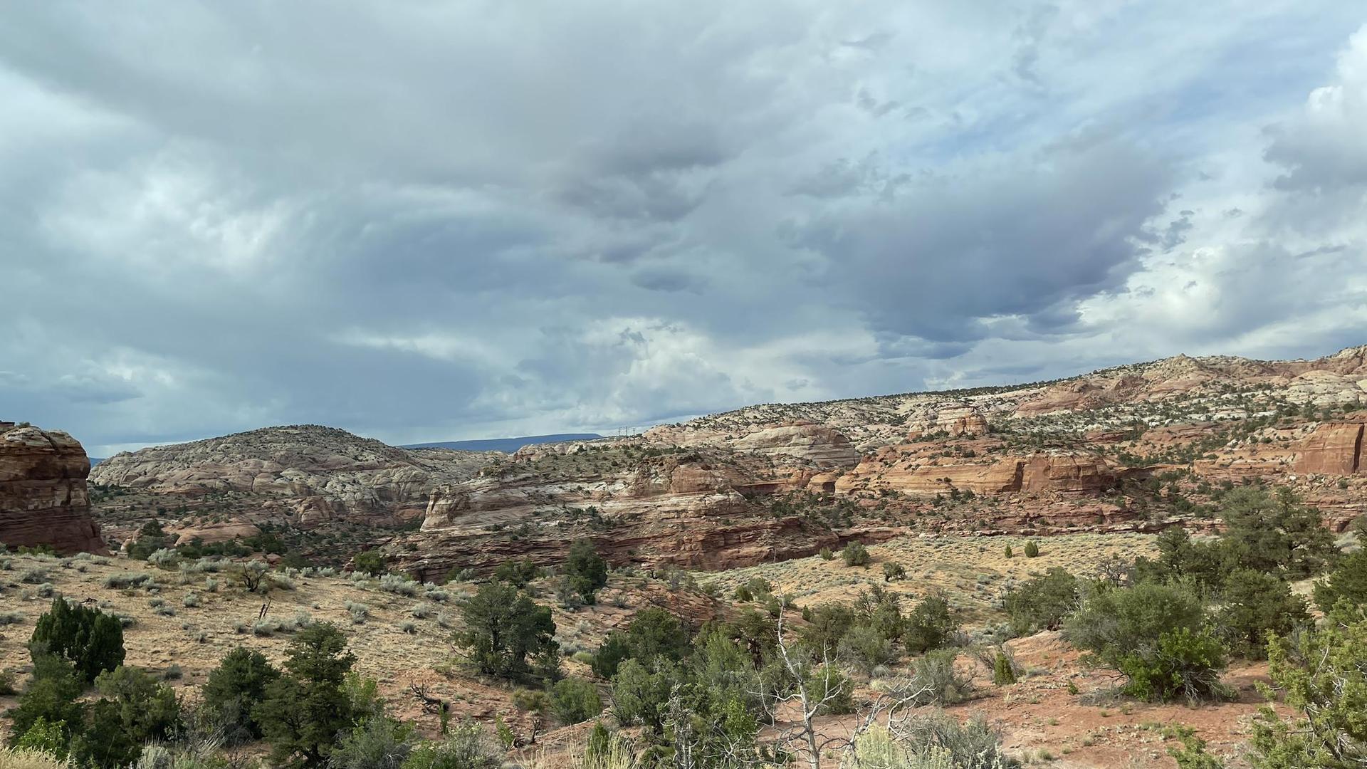 Desert canyon landscape with red rock cliffs and sparse vegetation under cloudy sky.