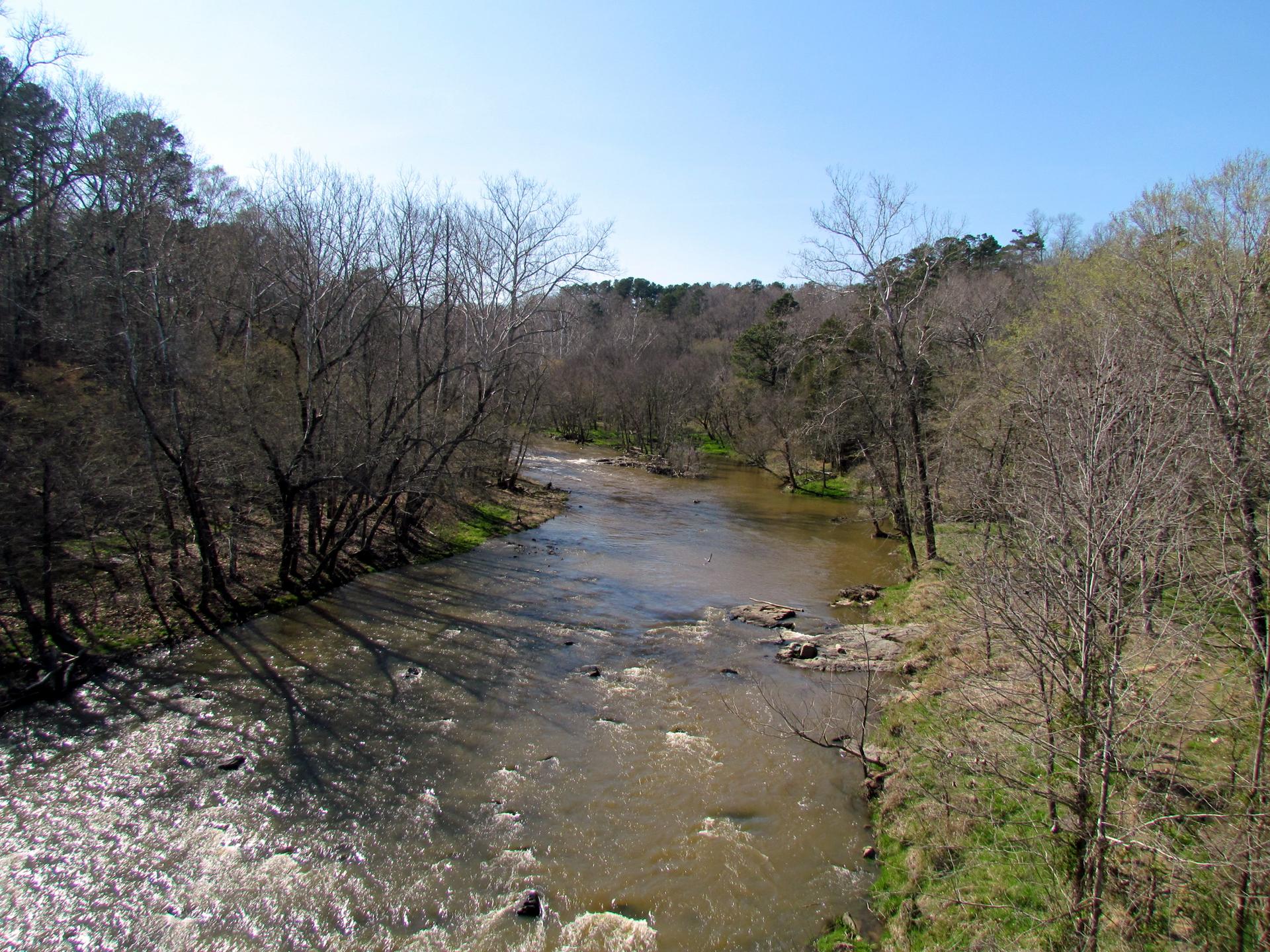 Wide river flowing through a forest under a clear blue sky.