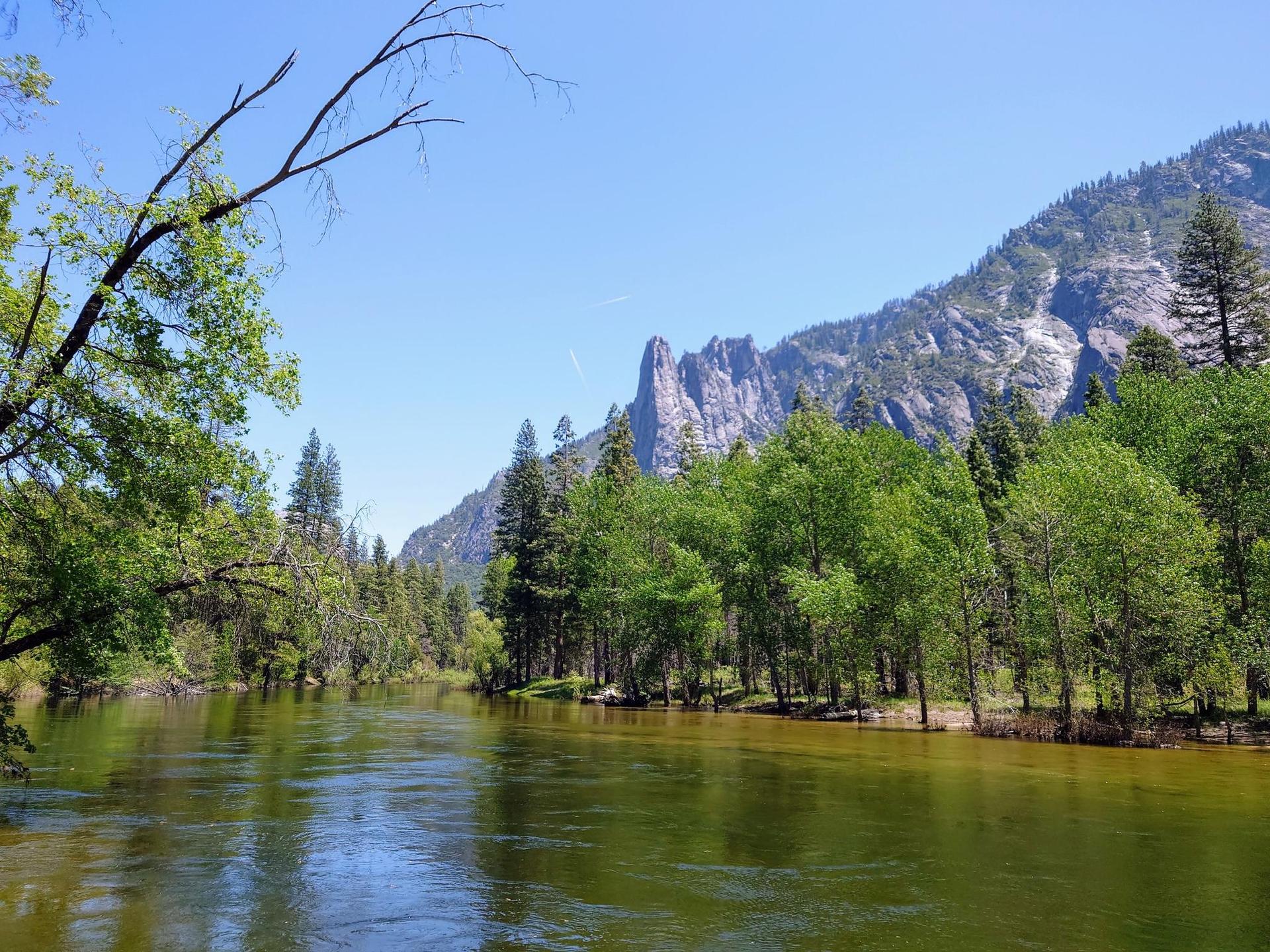 A calm river flows past lush green trees and towering rocky mountains.