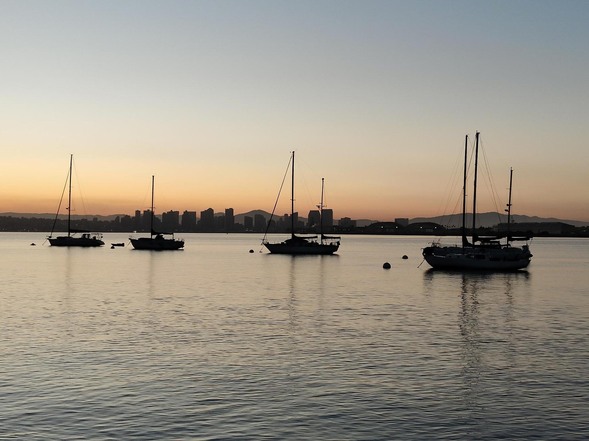 Silhouetted sailboats on calm water with a distant city skyline at sunset.