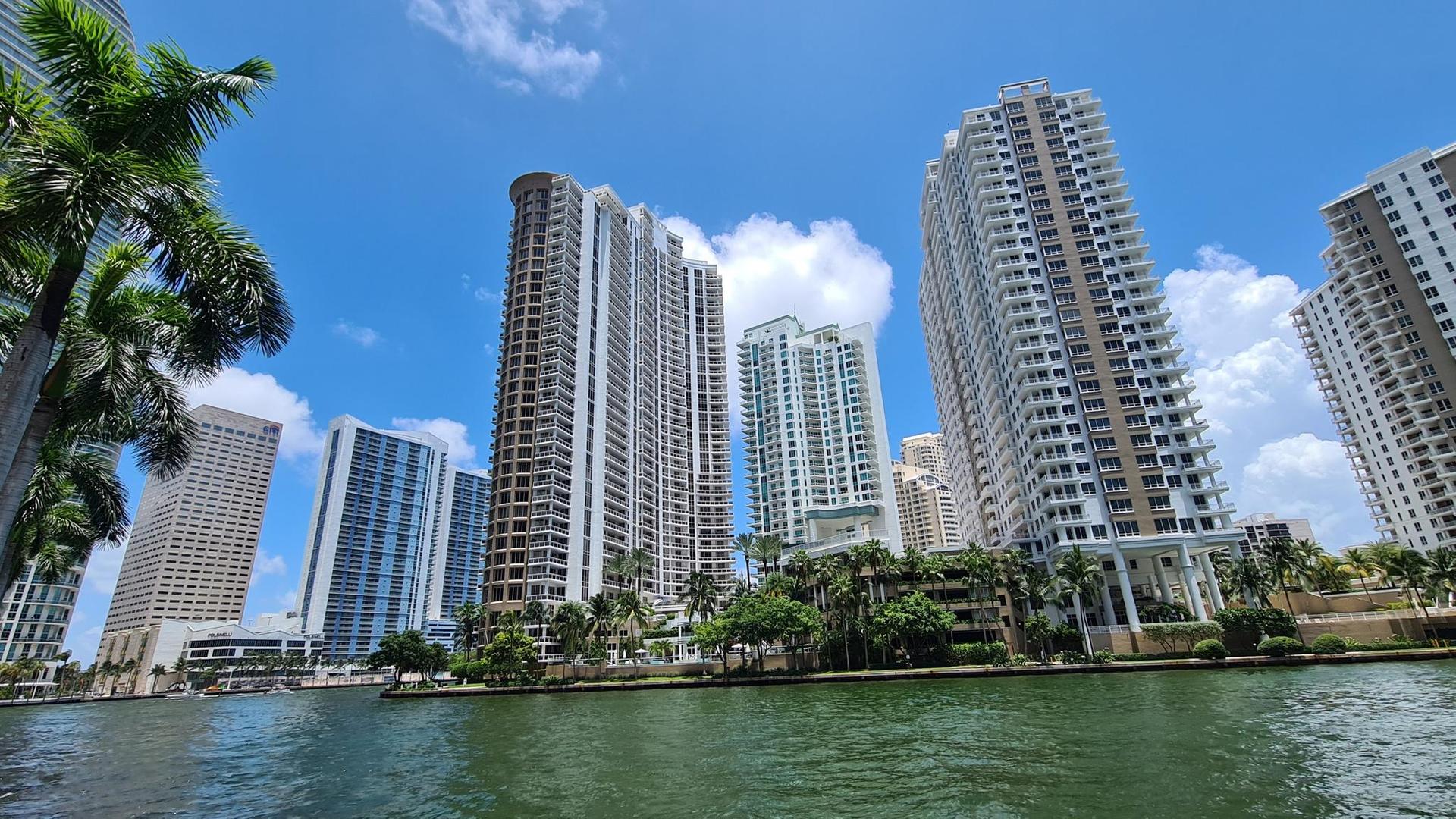 Modern high-rise buildings rise above a sunny waterfront with palm trees.