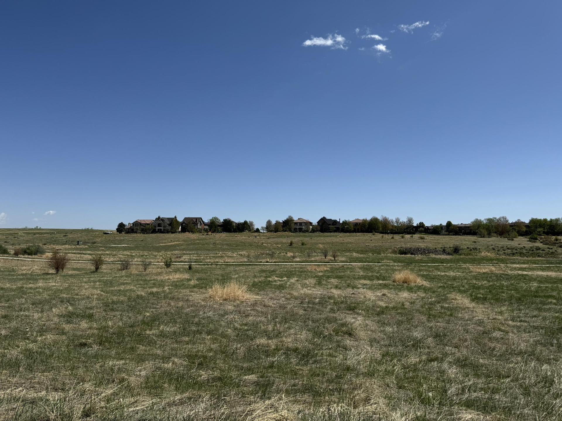 Expansive grassy field under a clear blue sky with distant houses.