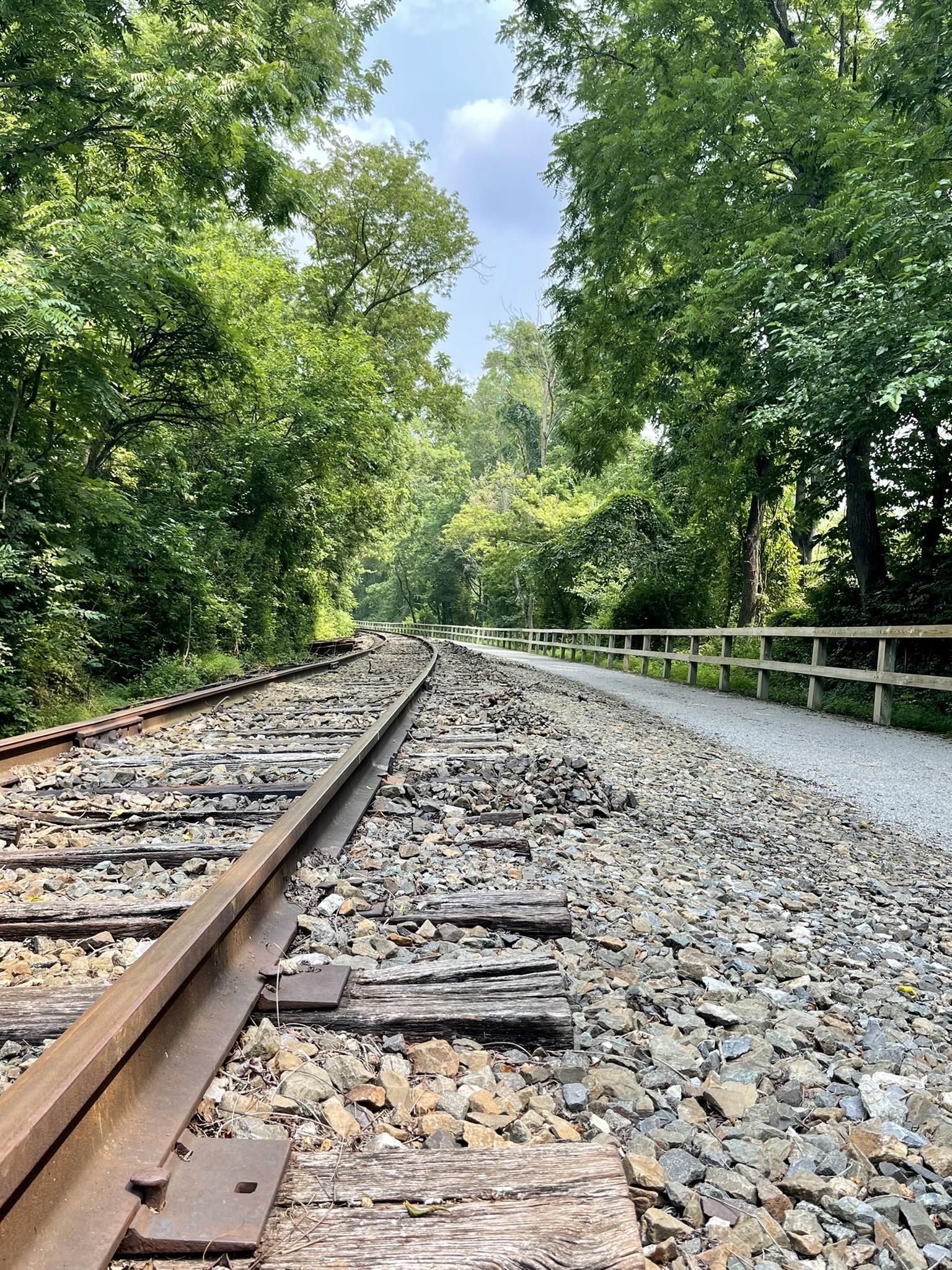 Railroad tracks beside a gravel path, lined with green trees under bright sky. - Four Springs Winery – Seven Valleys Parking Lot loop from Jacobus