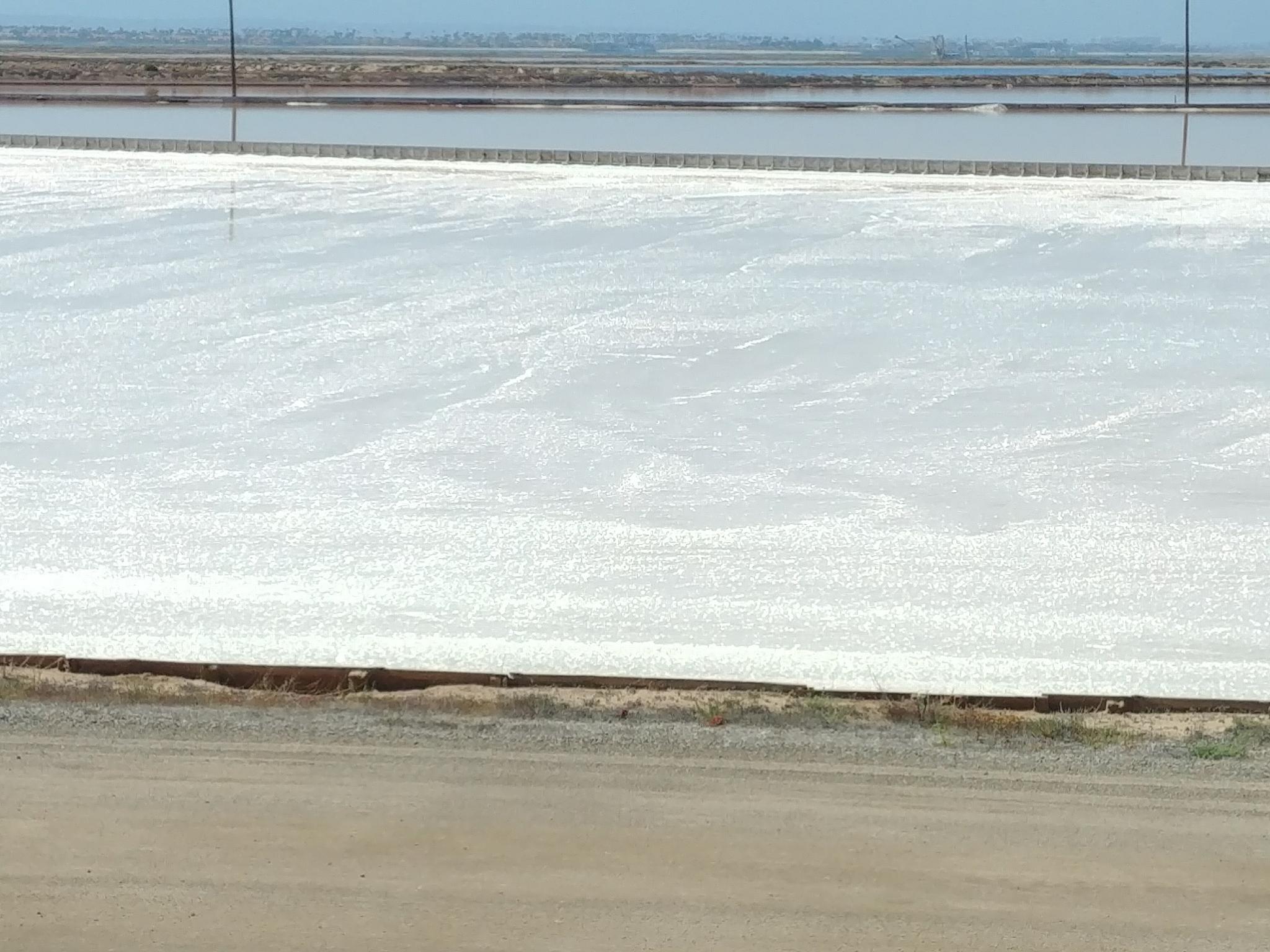 Expansive white crystalline surface, possibly salt flats, under a bright sky.