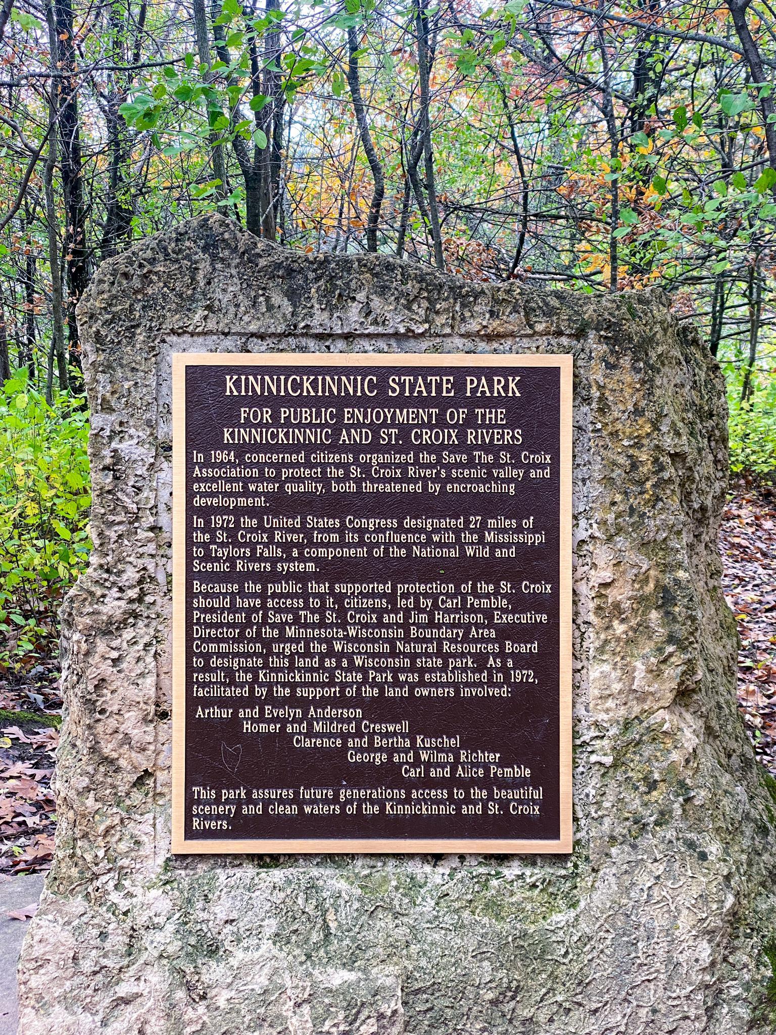 A bronze plaque on a large rock in a forest, under an overcast sky.
