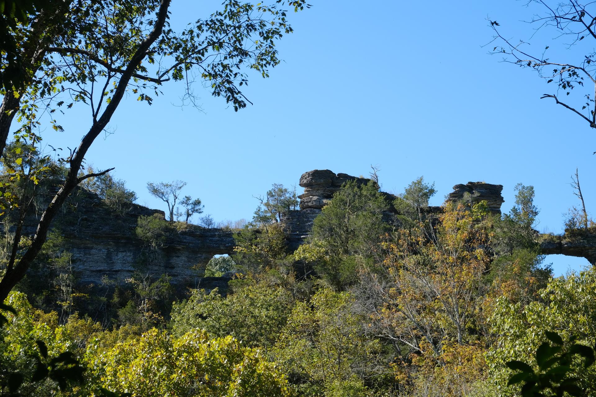 Rocky cliffs with natural arches and green trees under a bright blue sky.